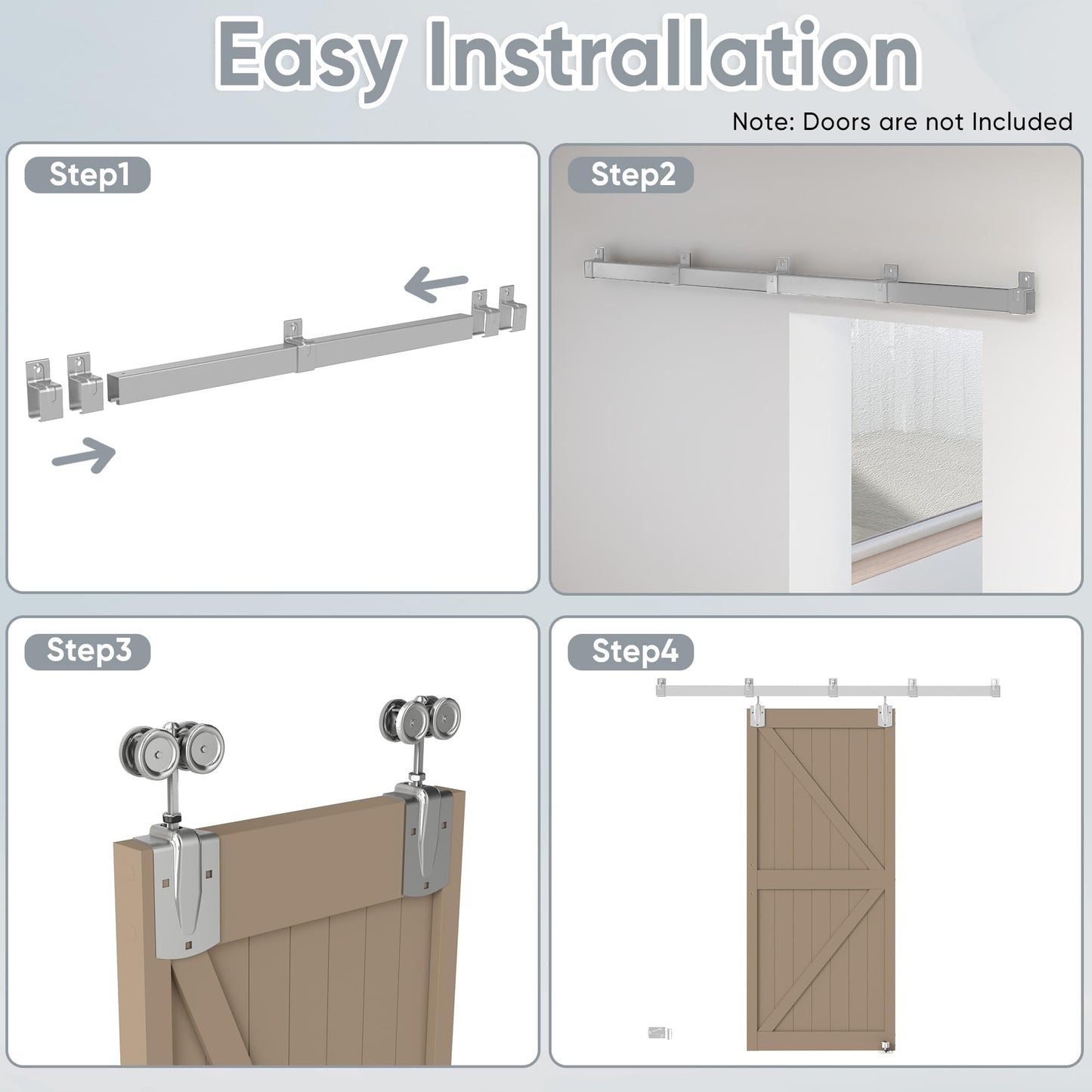 JUBEST 14FT Box Rail Exterior Barn Door Hardware Kit, Heavy Duty Sliding Door Track Kit Wall Mount Door Hardware Kit for Two Doors System(Doors Not Included), Silver