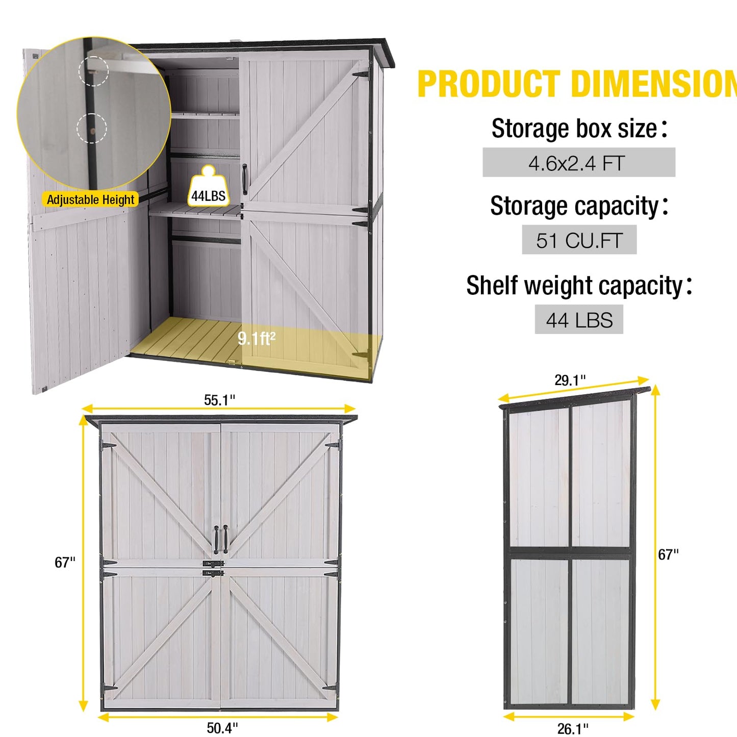 Aivituvin Outdoor Storage Shed Upgraded with Strong Metal Frame Garden Tool Shed Storage House Cabinet with Adjustable Shelfs and Wooden Floor 4.6 x 2.42FT (Off-White)