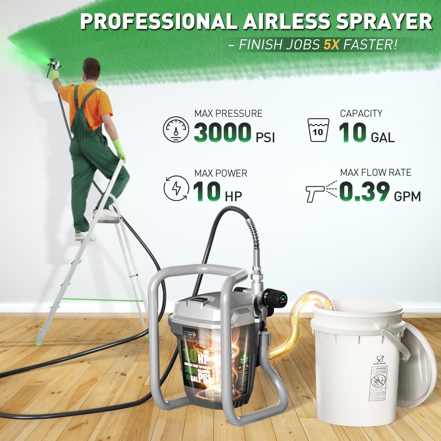 Baotree Airless Paint Sprayer, High-Pressure Electric Paint Spray Gun with Extension Rod, Thinning-Free Professional Painting Tool for Interior/Exterior Walls, Fences, Ceilings, Cabinets