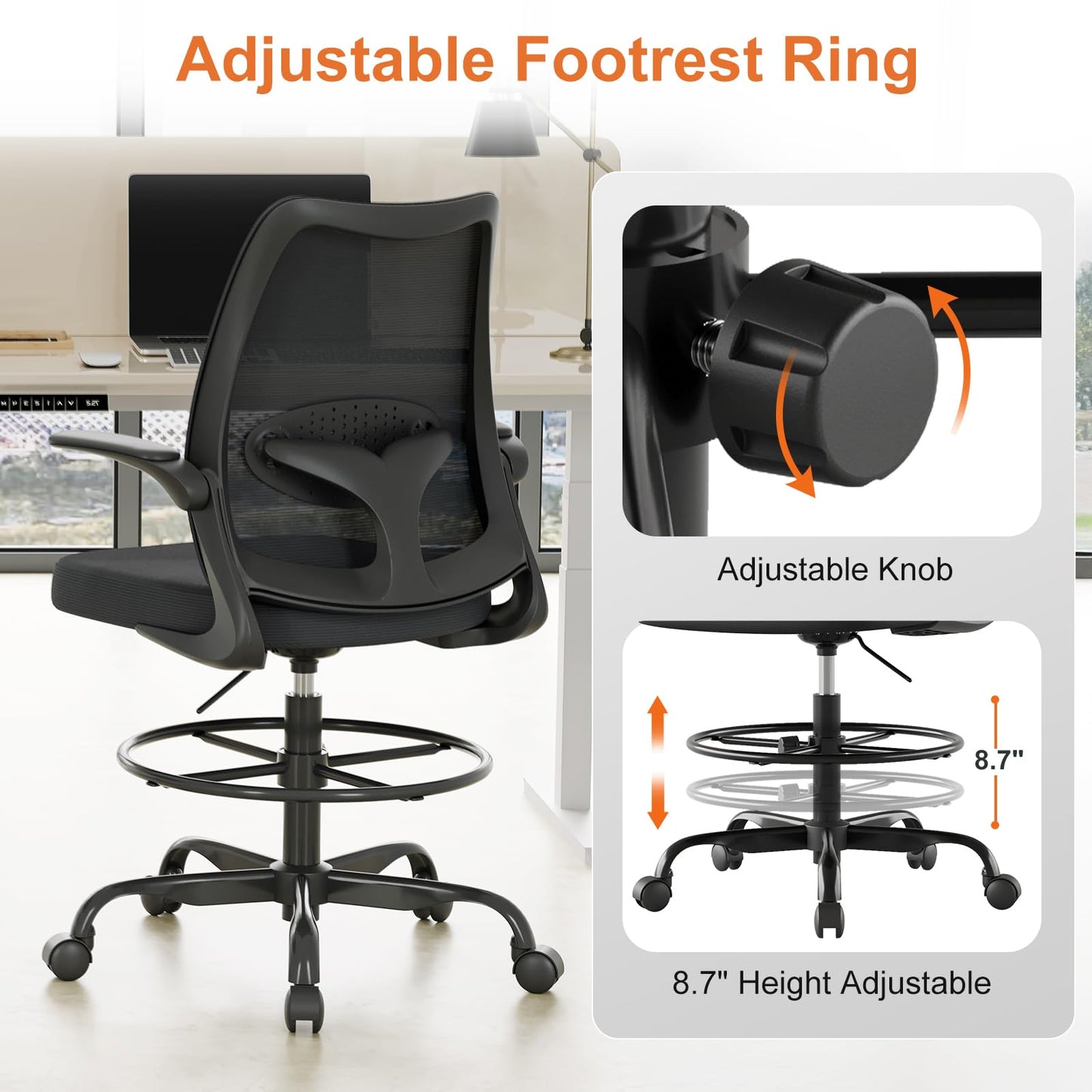 BERYTH Tall Office Chair for Standing Desks,High Desk Drafting Chair with Adjustable Footrest Ring,Ergonomic Lumbar Support,Flip-Up Armrests for Home Office,Black