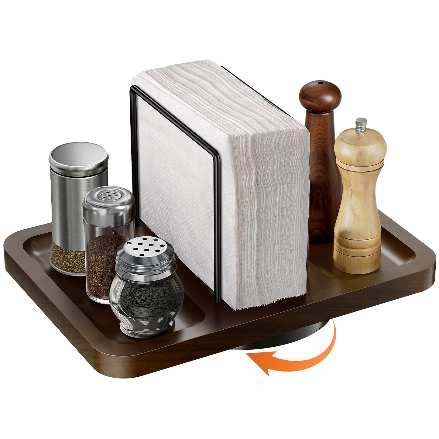 Gomyrod Napkin Holder for Table, Rotating Metal Napkin Dispenser with Salt and Pepper Shakers Caddy Standing Paper Towel Holder for Bathroom Kitchen Dining Table Decor Not Including Shakers