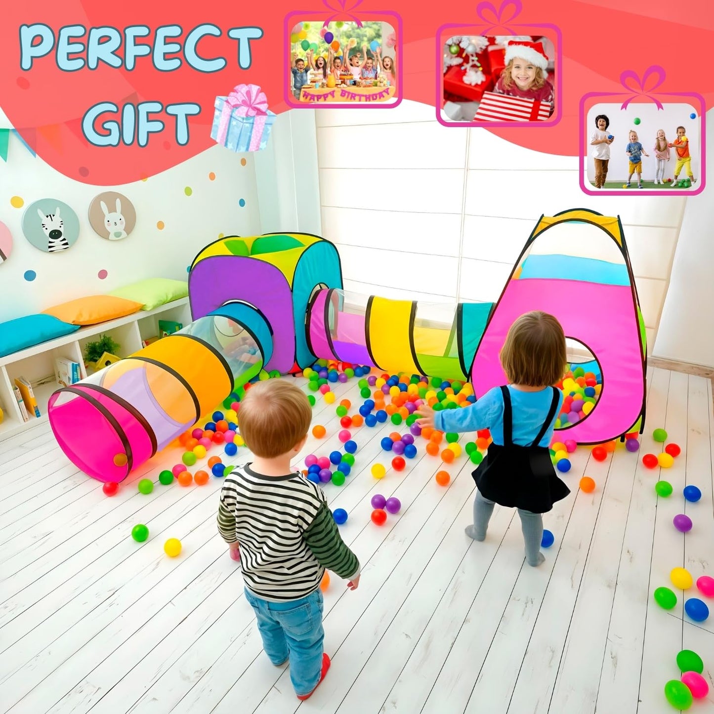 NUBUNI 4pc Pop Up Children Play Tent : 2 Crawl Tunnel + 2 Tents : Kids Tents for Boys, Girls, Babies & Toddlers for Indoor & Outdoor : Large Children Playhouse Ball Pit