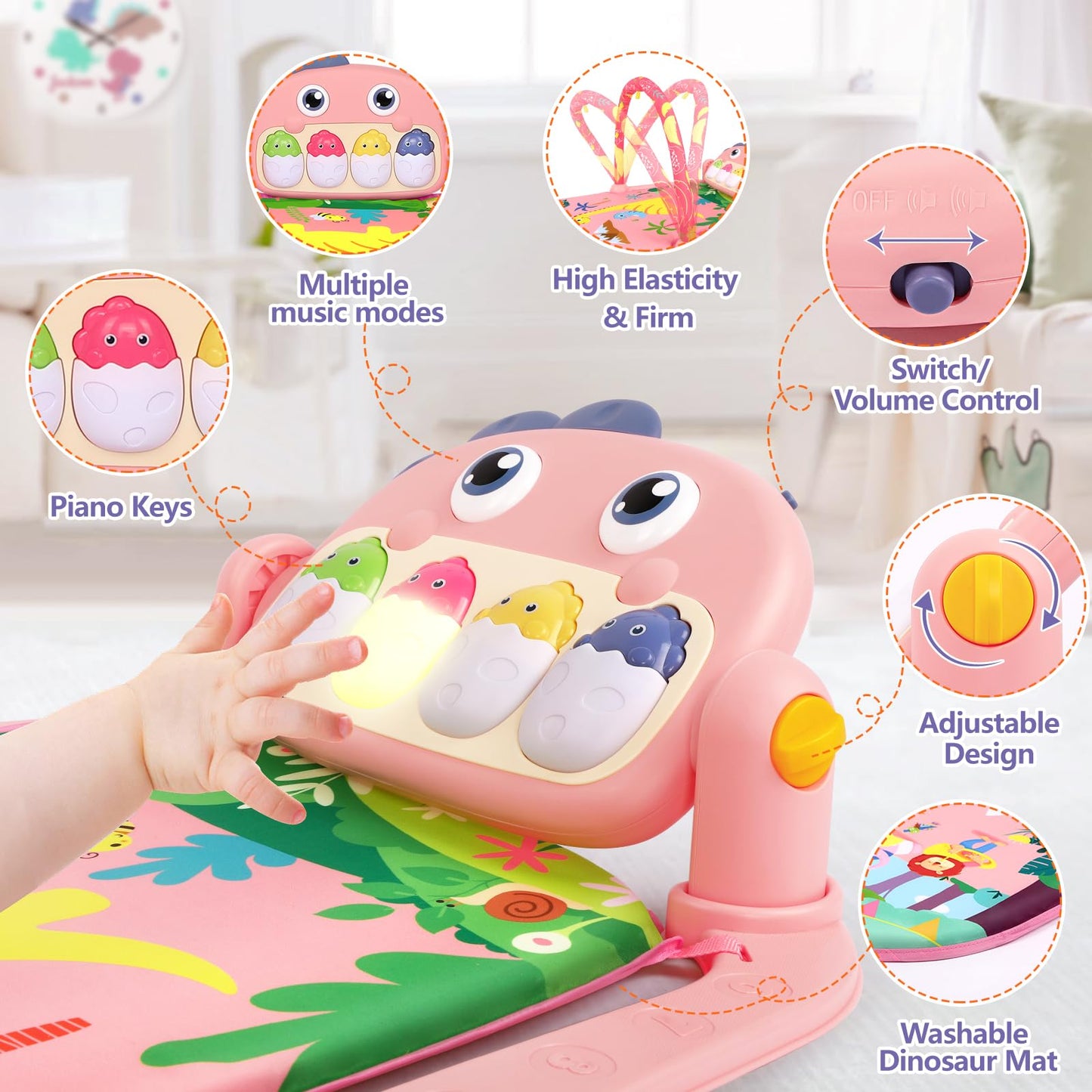 UMIKU Baby Play Mat Baby Tummy Time Mat Infant Newborn Musical Activity Center with High-Contrast Piano Music & Light Newborn Babies Gift for Girl Boy Babies 0-6 6-12 Month Pink Dinosaur