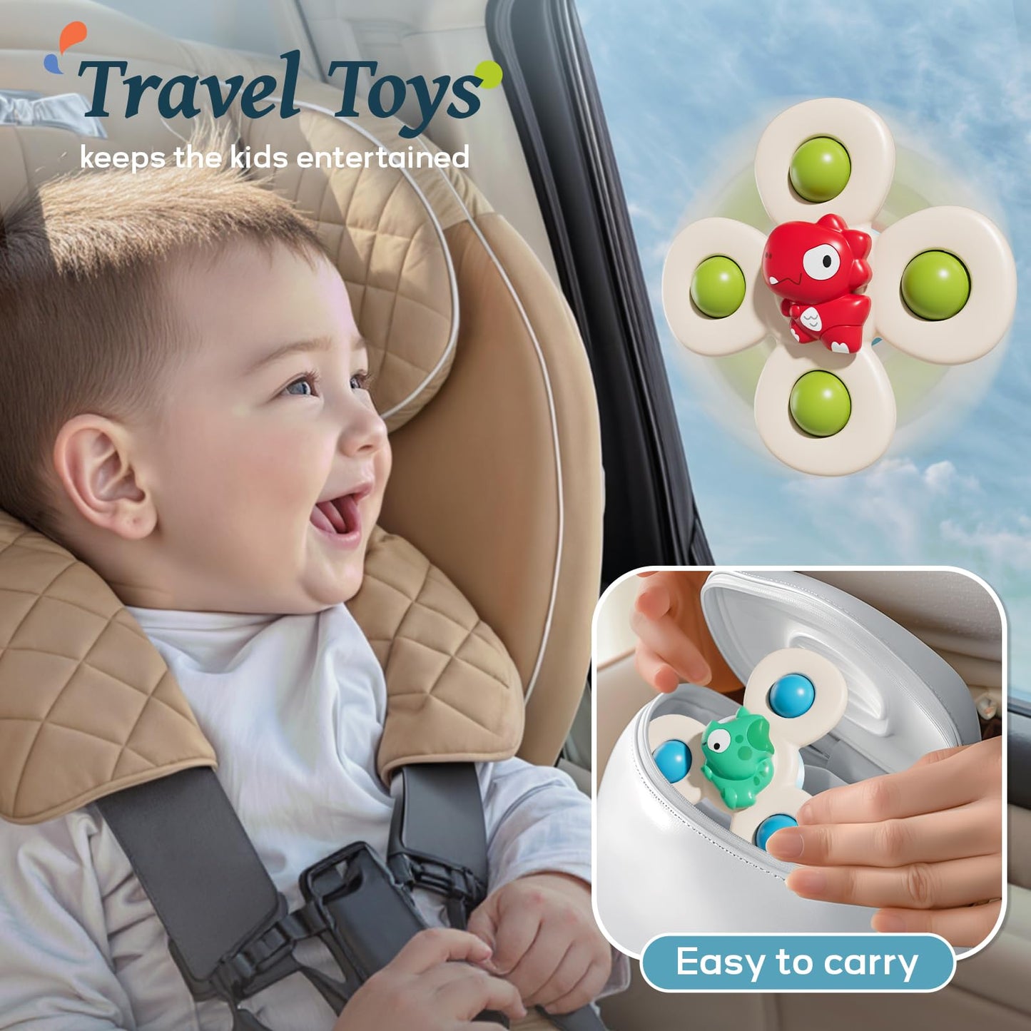 CalfQueen Baby Dinosaur Suction Cup Spinner Travel Toys for Kids Ages 1-3, Fidget Spinner Toys for 1 Year Old Boy Girl 12 Months, Sensory Bath Toy for Toddlers Infants Birthday Gifts