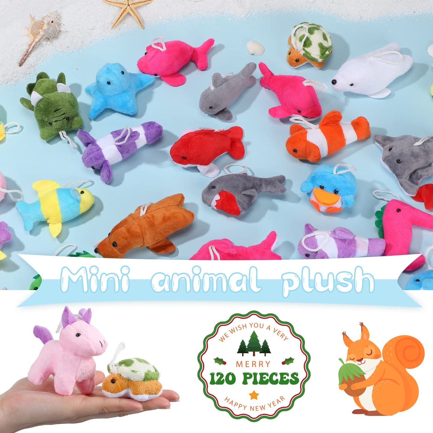 HyDren 120 Pcs Mini Animal Plush Toys Party Favors Small Stuffed Animals Bulk Cute Jungle Sea Animal Toy Keychain Decoration for Valentines Birthday Party Classroom Prize Teacher Student Award Gift