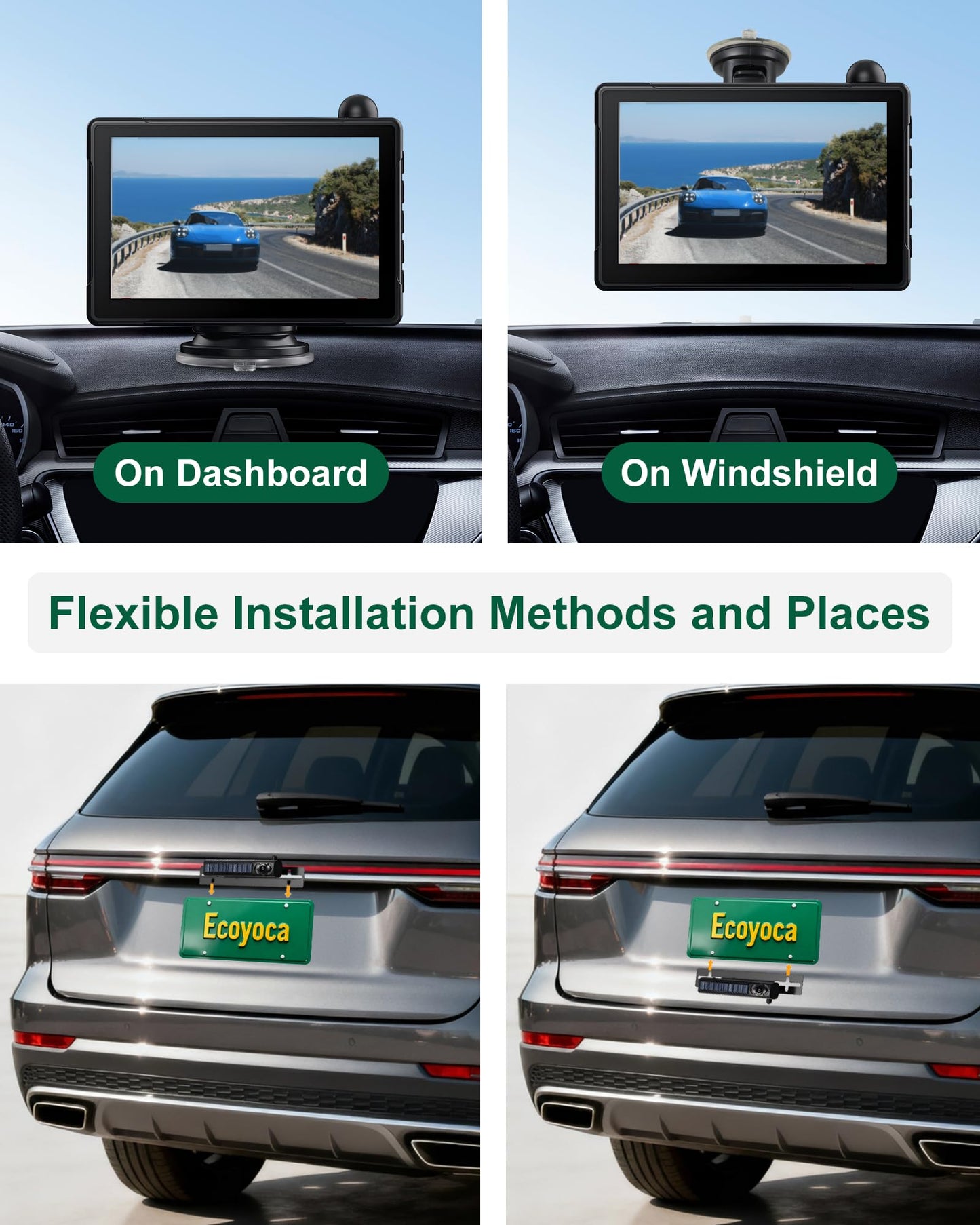 Ecoyoca Solar Wireless Backup Camera 5'' HD Split-Screen Monitor Reversing Camera Stable Signal Dual Channel Back Up Kit Easy Installation Night Vision Waterproof Reverse Camera for Car RV Van SUV