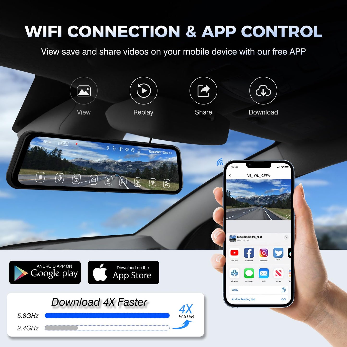 360 Degree View 4 Channel Mirror Dash Cam Detached Camera for Cars，Dash Cam Front and Rear Side(Left,Right),12'' Rear View Mirror Camera1080Px4,WiFi,Night Vision,GPS,Parking Monitor,Free 128GB Card