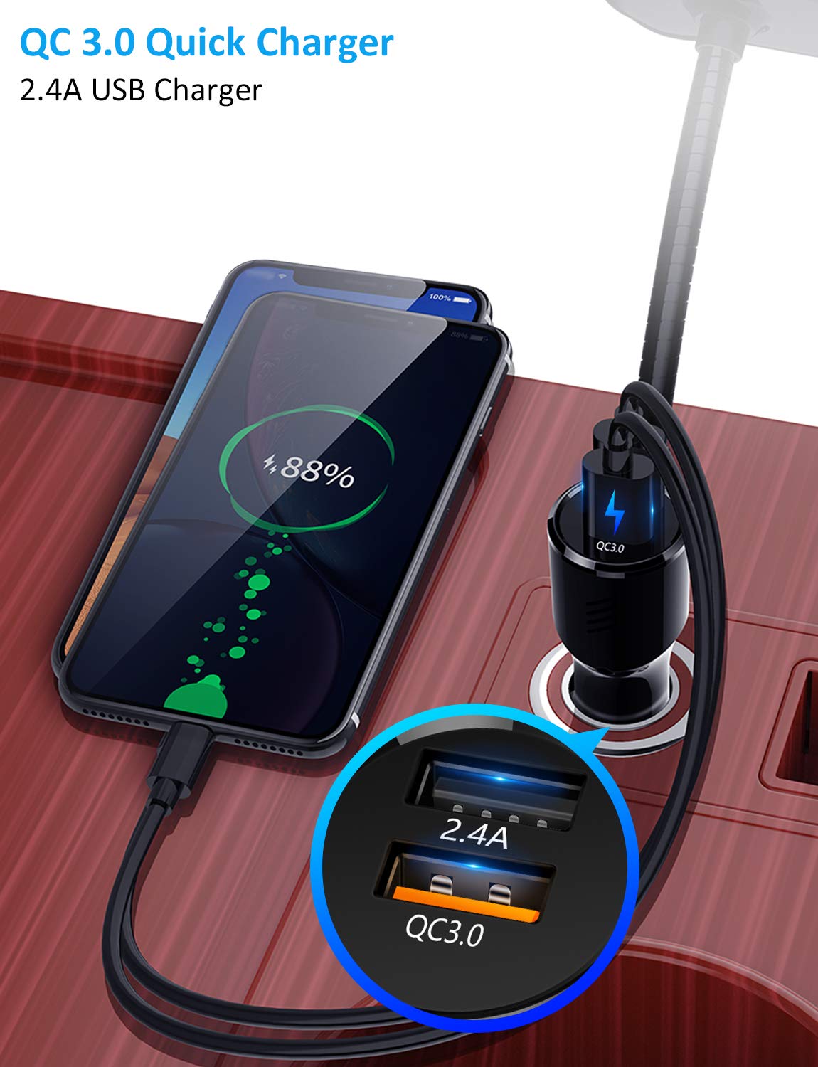 TSNAM Bluetooth FM Transmitter Car Adapter,Support Wireless Handsfree Call and MP3 Music/APP Audio Play,1.8" Color Screen,3 USB Charger,3.5mm AUX Port,Compatible with iPhone,iPad,Samsung and More