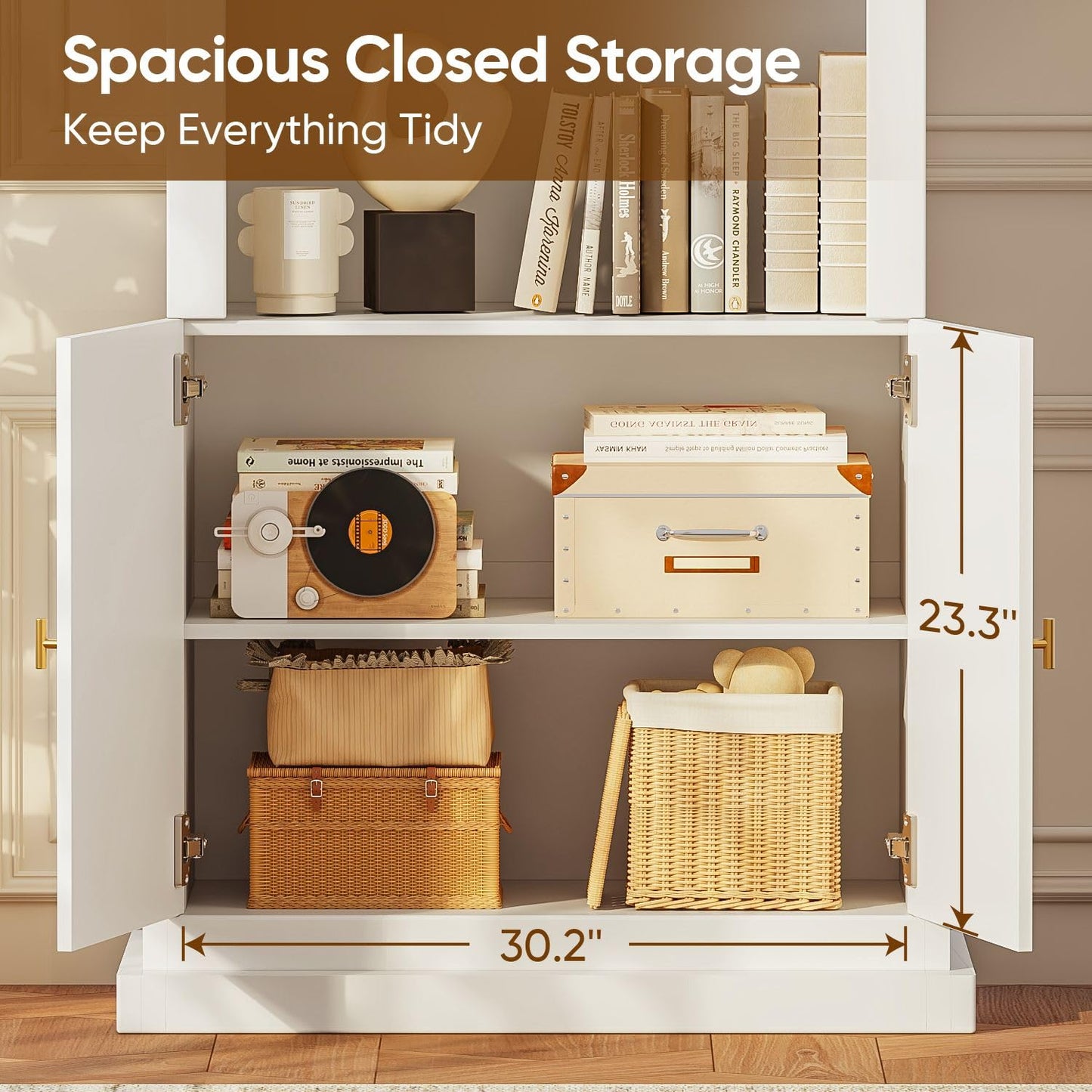 Myricore 71" Arched Kitchen Pantry Cabinet, Tall Half Open Storage Cabinet with Drawers, Modern Display Hutch for Dining Room, Living Room, White with Gold Handles, 3 of Set