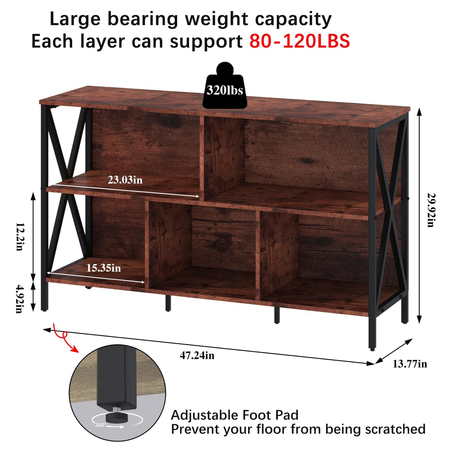 Horizontal Bookshelf,Industrial Modern 5 Cube Low Wide Cubby Bookcase with led Light,Long Wood and Metal Storage Organizer Open Shelf, Book Shelf Bedroom Storage for Home Office Living Room(Brown)