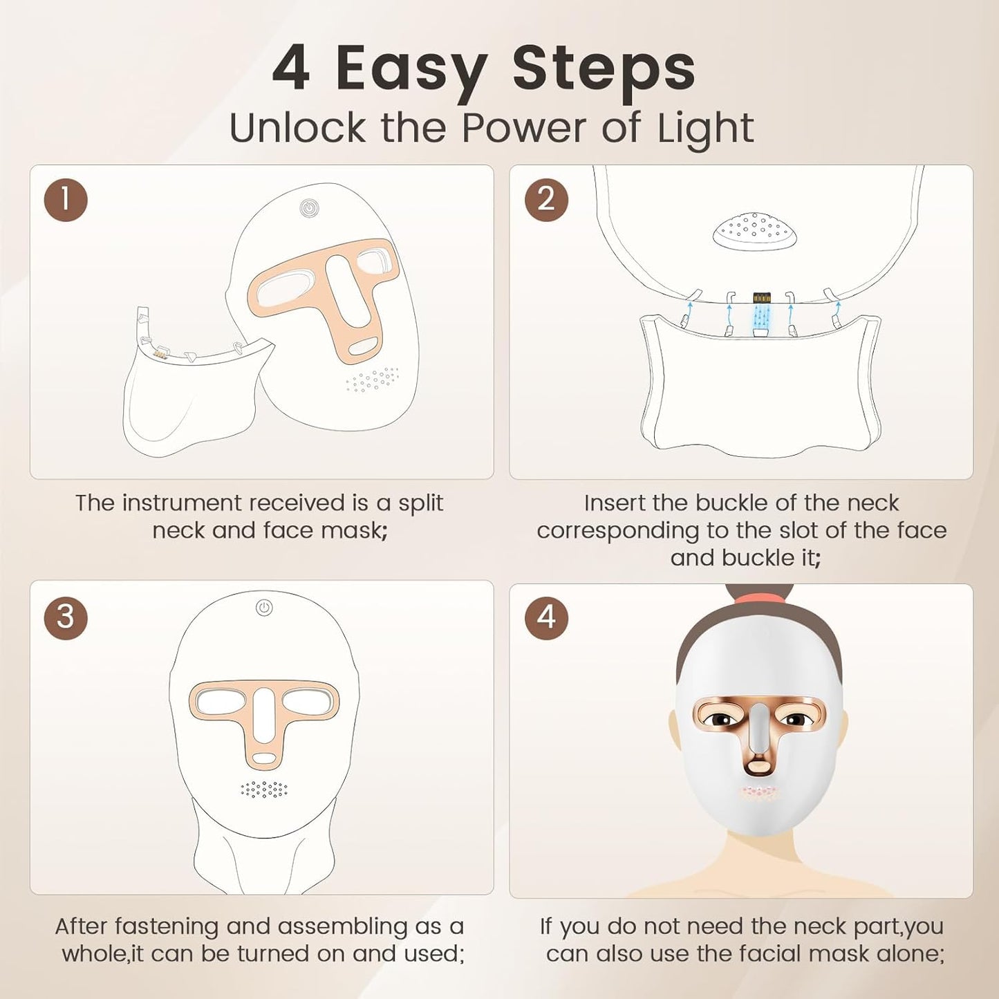 tinkoola Red Light Therapy Mask for Face & Neck, LED Face Light Therapy,USB C Rechargeable,Infrared Mask for Home Working Travel Yoga (White Gold)