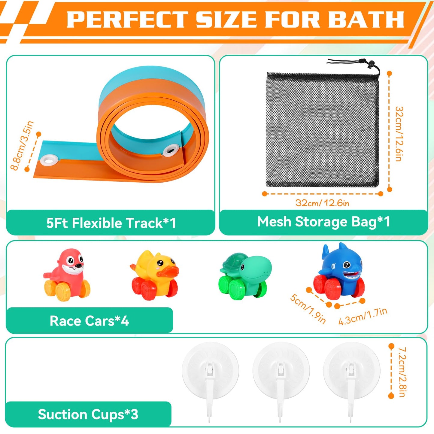 Race Car Bath Toys, Toddler Bathub Toy Set, 5 Ft Flexible Bath Race Track for Kids Ages 3+ , Cars Toy Gift for Baby Boys &Girls, Portable Rolls Up Race Tracks with 1 Mesh Storage Bag & 3 Suction Cup