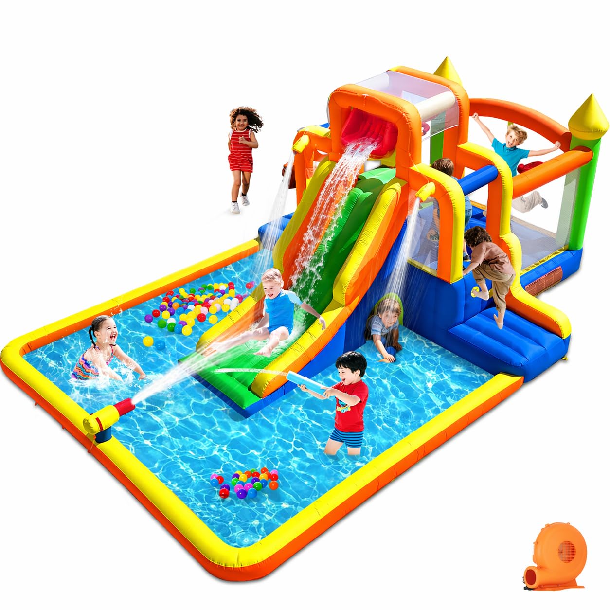 Umbalir 19x13FT Water Slide with 3 Climbing Walls, Jumbo Pool, Water Park with 2 Stair-Steps & Back Rock Wall, 2 Overhead Sprinklers & Water Cannon, 99" Long Slide, Multi-Kid Racing Bounce House