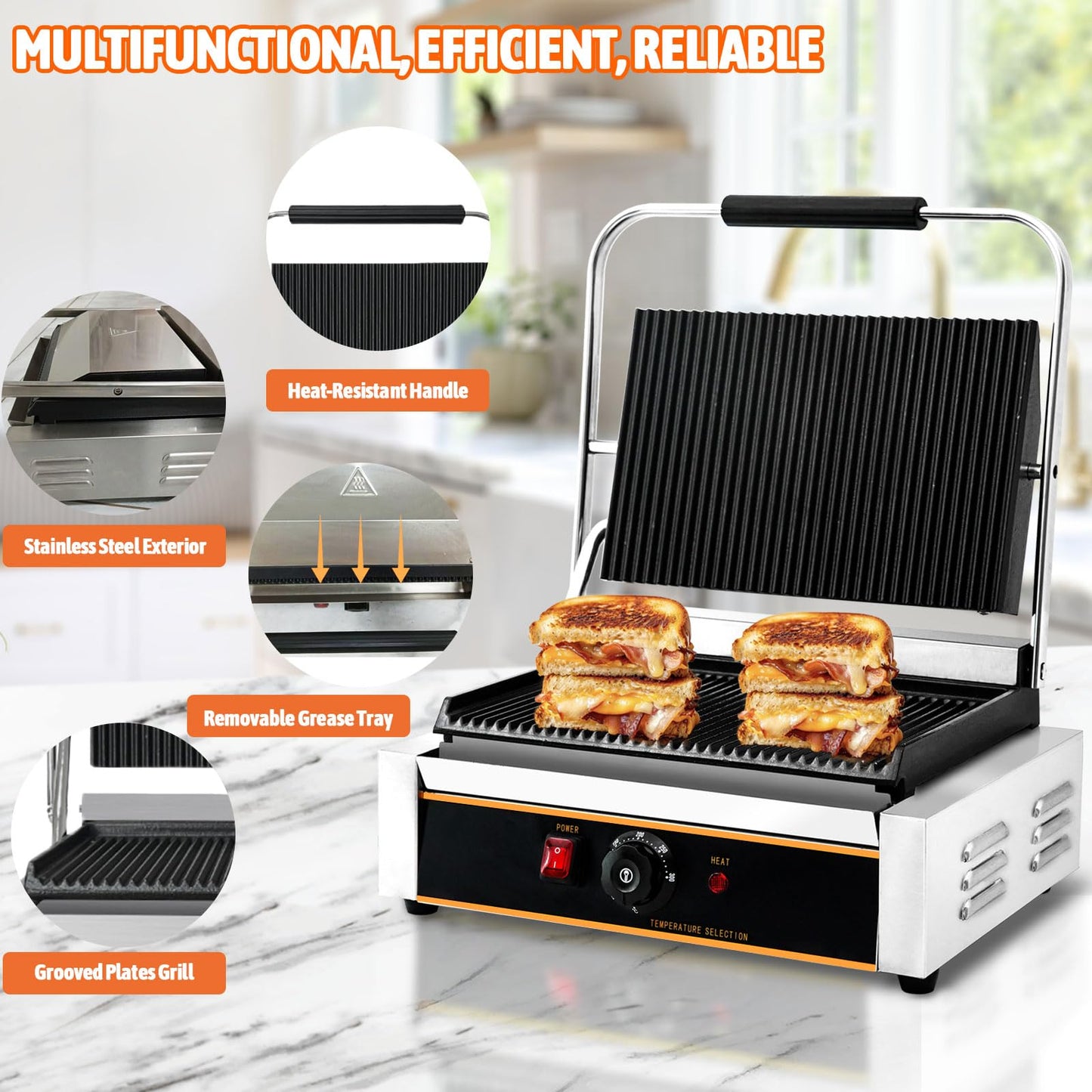 Yingyunvo Commercial Panini Press Grill 2200W Countertop Electric Sandwich Maker with Adjustable Temp Control, Nonstick Coating, Grooved Plates Grill, for Burgers Steaks Panini