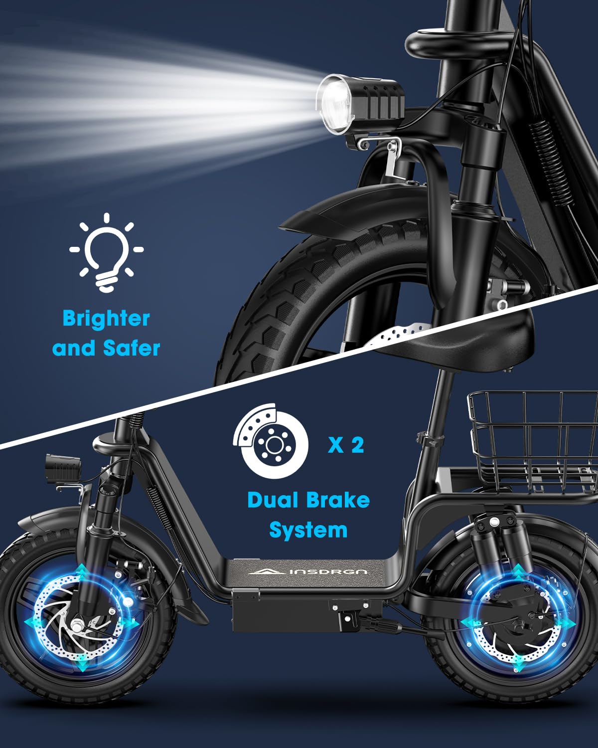 INSDRGN Peak 900W Electric Scooter for Adults with Seat, 48V 10.4Ah Li Battery, 28 Miles Range, 20MPH Commuter E-Scooter with Basket, Max 330LBS, UL2849 Certified, C14 Black