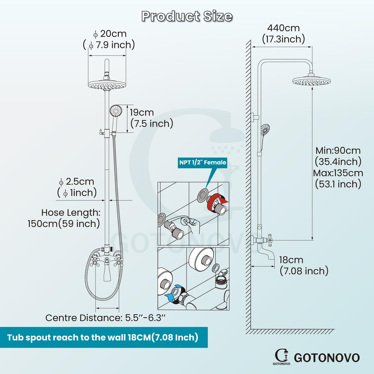 gotonovo Exposed Shower Faucet Set 8 Inch Rainfall Showerhead 3-Function Shower Fixture with Tub Spout 2 Corss Handles Shower System, Matte Black