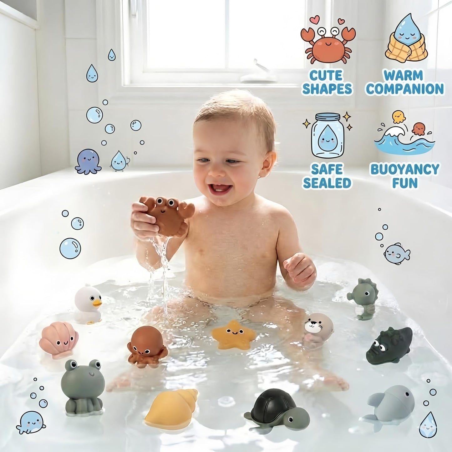 Bath Toys for Toddlers 1-3, 12 Pcs No Hole Baby Bath Toys, Ocean Animal Bathtub Toys for Boys Girls, Toddler Water Table Pool Toys Ages 2-4 4-8, Kids Birthday Easter Gifts