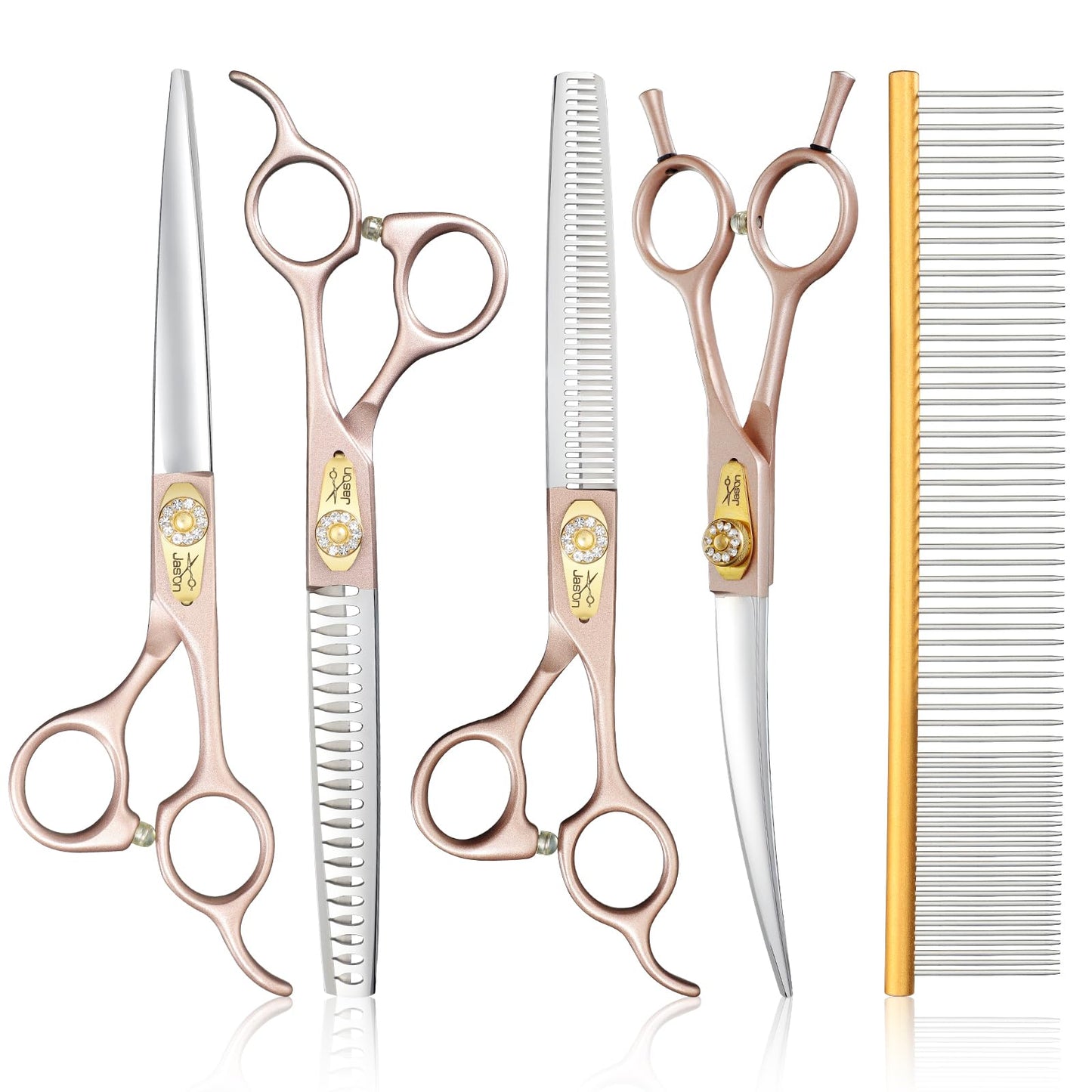 JASON Professional Dog Grooming Scissors Set - 6 in 1 Sharp Shears Set With 7" Thinning, Chunker, Straight, Curved Shears and Comb for Cat Pet, Rosegold