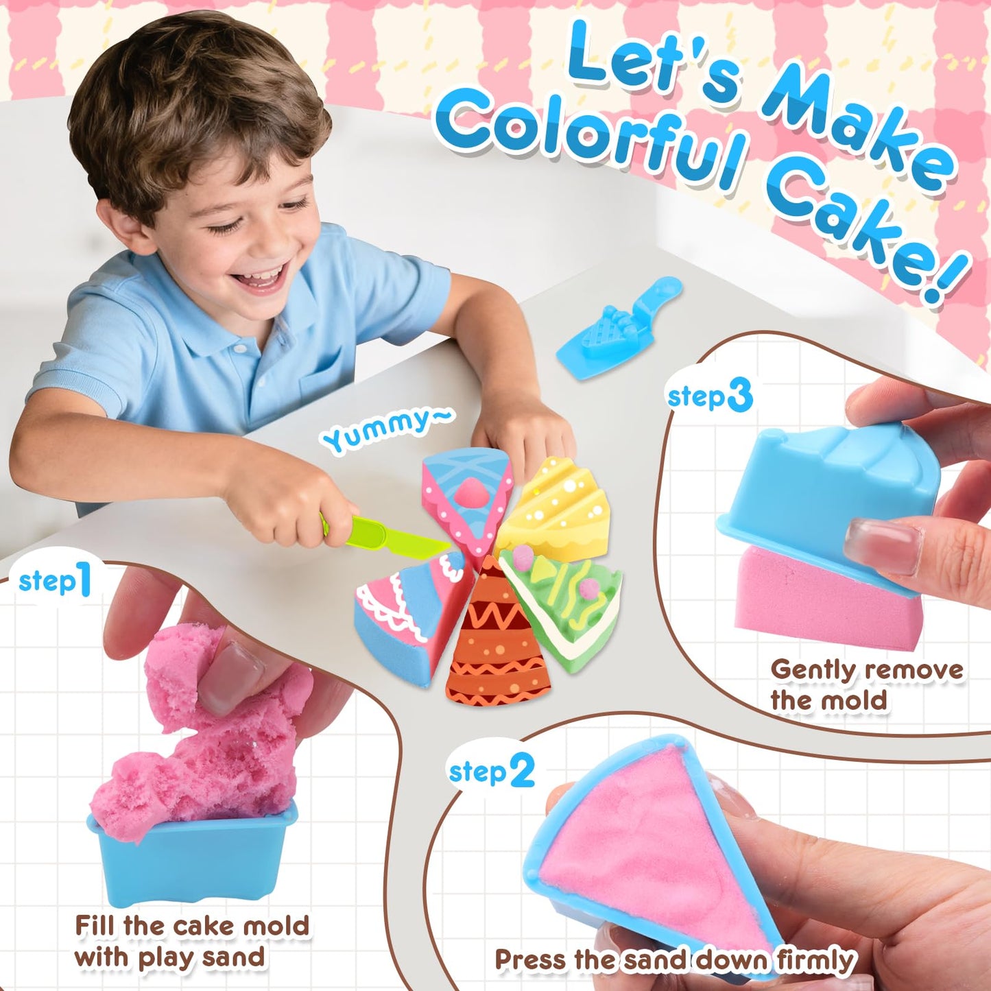 Crelloci Cake Play Sand Toys, Sensory Bin with 3 Colors Sand, Inflatable Sandbox & Air Pump, 12 Cake & 5 Shaped Molds, Tools, Art Kit Gift for Kids Toddlers Girls Boys Ages 3 4 5 6 7 8 9 Years Old