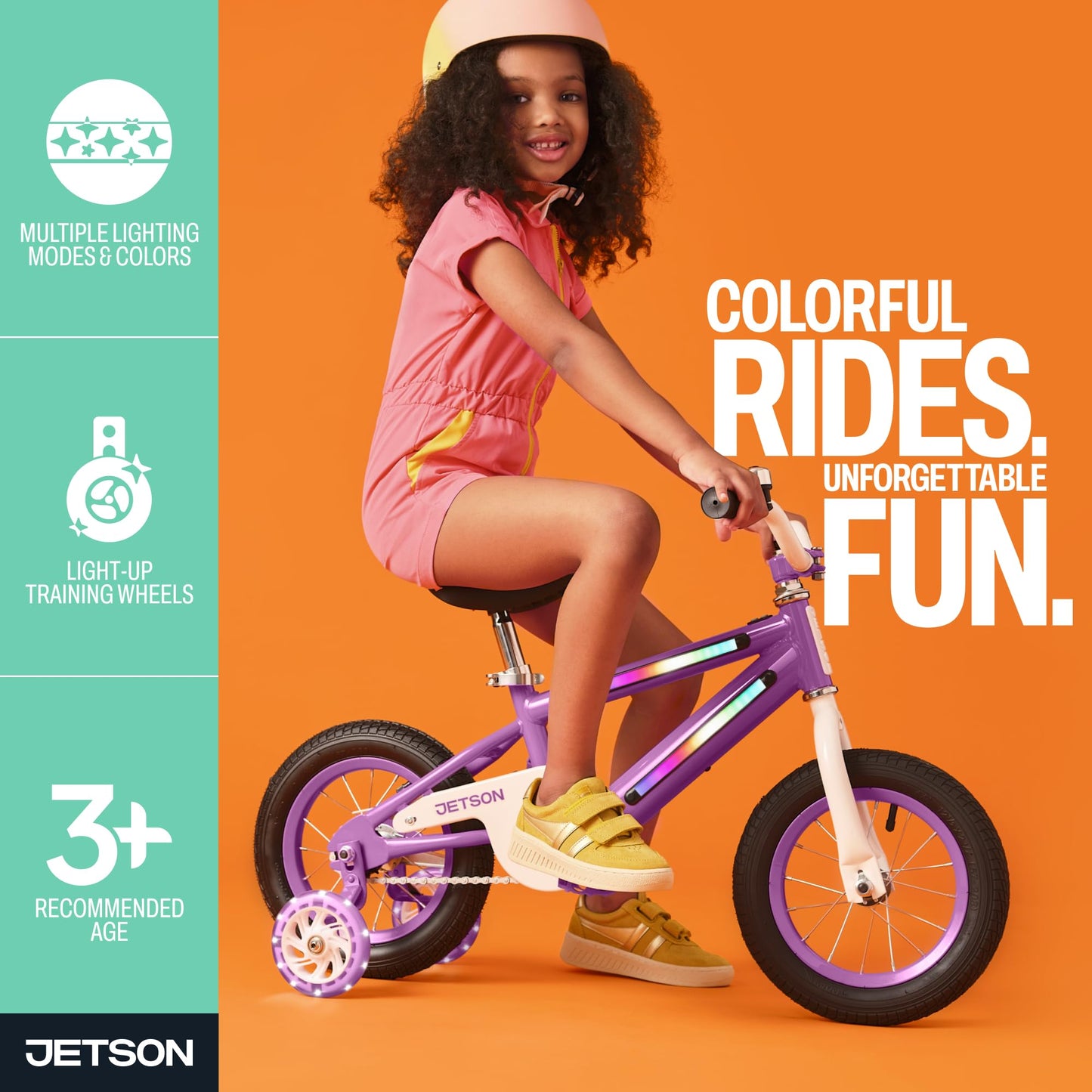 Jetson Light Rider Kids’ Light-up Unisex Bike, LED Light-up Frame, 3 Different Light Modes, Adjustable Seat Height, 12" Rubber Tires, Kinetic Light-Up Training Wheels, Purple, JLRG12-PUR