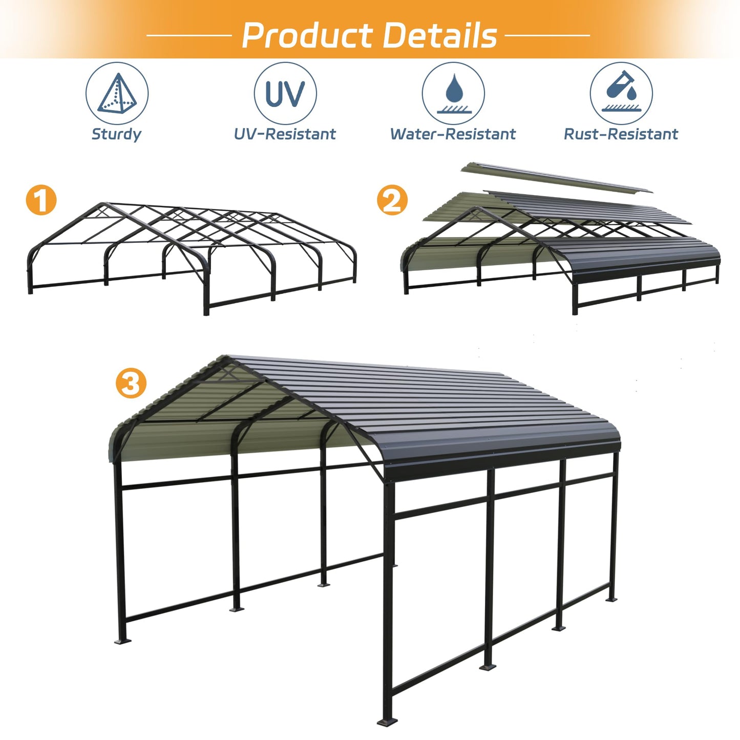 Patiowell 10'x15' Metal Carport, Heavy Duty Carport Canopy with Reinforced Frame and Galvanized Steel Roof, All-Weather Outdoor Car Shelter for Car, Truck, Boat and Tractor, Black