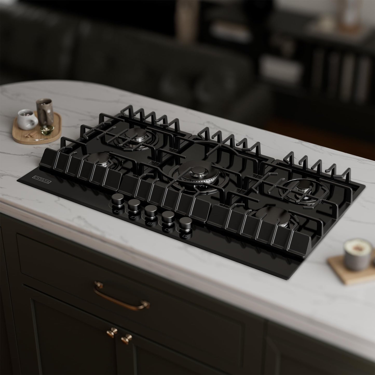 Empava 36" Gas Stove Cooktop NG/LPG Convertible with 5 Italy Sabaf Sealed Burners in Black Tempered Glass