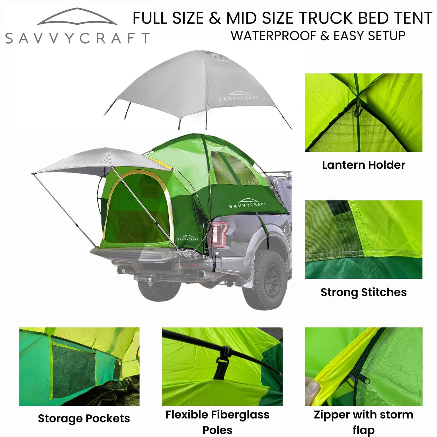 Savvycraft Pickup Truck Bed Tent for Full Size Truck 6.4'-6.7' Bed, Waterproof P3000mm 2-Person Double Layer Truck Bed Camping Tent, Expandable Awning, Rainfly, Storage Bag Included Green/Gray