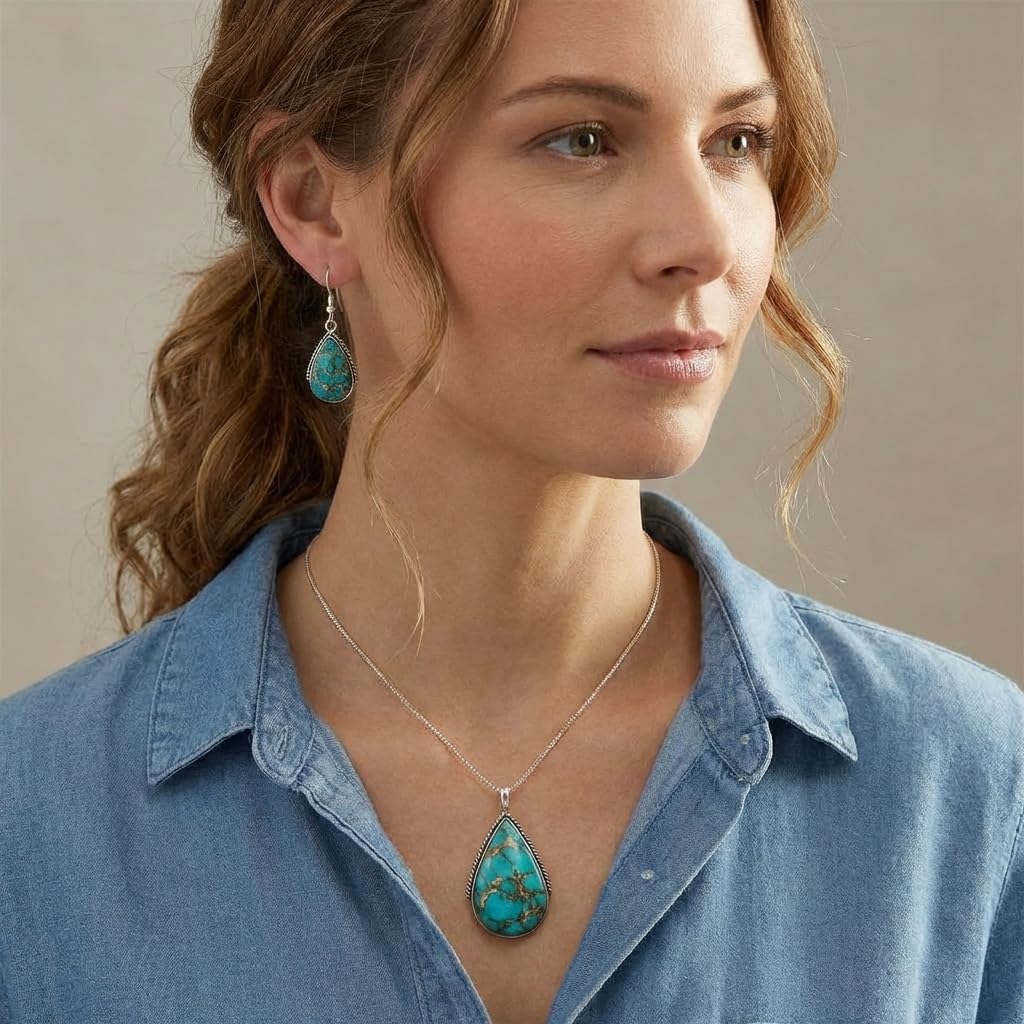 Turquoise Necklace Pendant & Earrings Set Genuine Gemstones 20" Necklace (Teal/Matrix Turquoise)