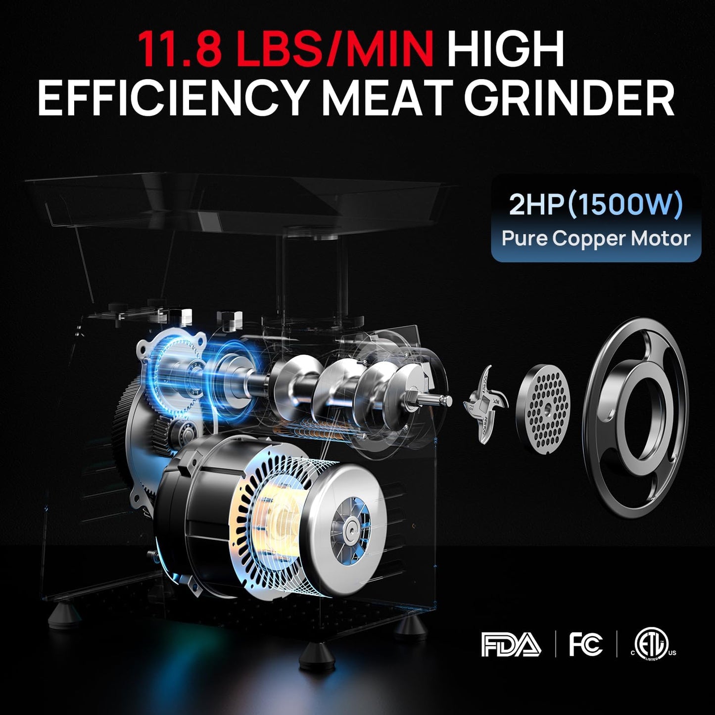 Commercial Meat Grinder #32, 2.0HP Heavy Duty Industrial Stainless Steel Meat Mincer, Sausage Stuffer with 2 Blades, 2 Plates & 3 Sausage Tubes, Meat Grinder Machine for Deer Processing,Pet Food