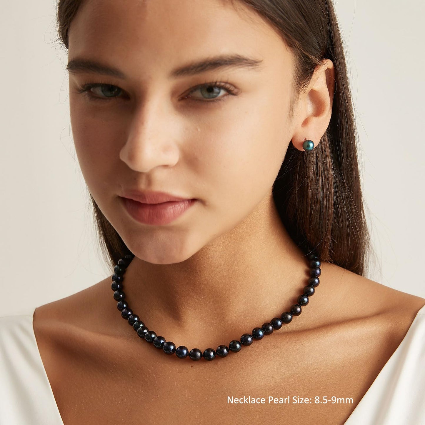 YAMI Tahitian Black Pearl Necklace and Earrings Set, Saltwater Cultured Pearl 8.5-9mm Strand Necklace with Round Studs 7.5-8mm, 925 Sterling Silver Clasp Jewelry Set for Women