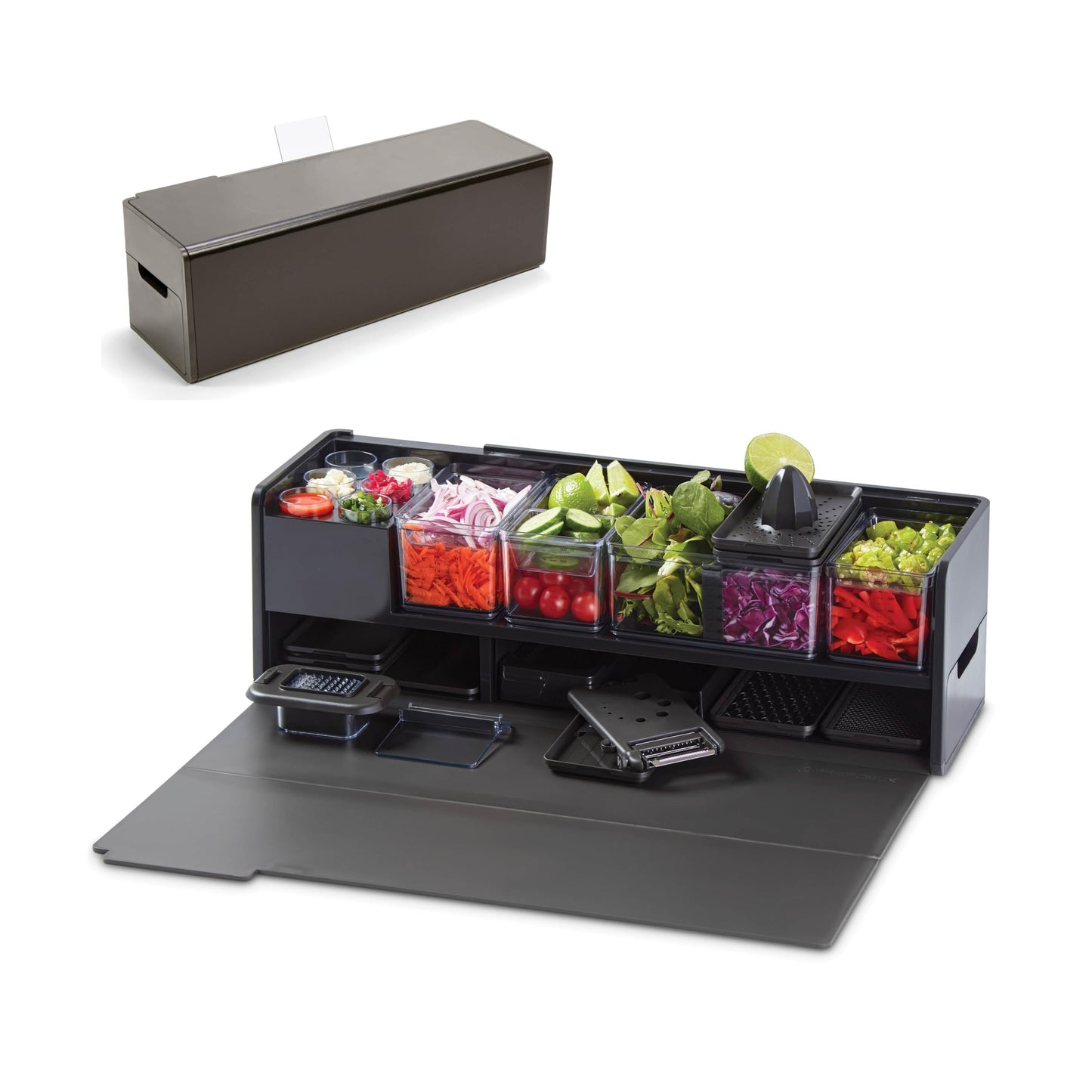 Prepdeck Gen 2 Recipe Prep & Storage Station - 8 Essential Tools + Deluxe Cutting Board, 14 Plastic Containers + Super-Seal Lids, Removable Trash Compartments, Tablet Stand Included - Midnight Black