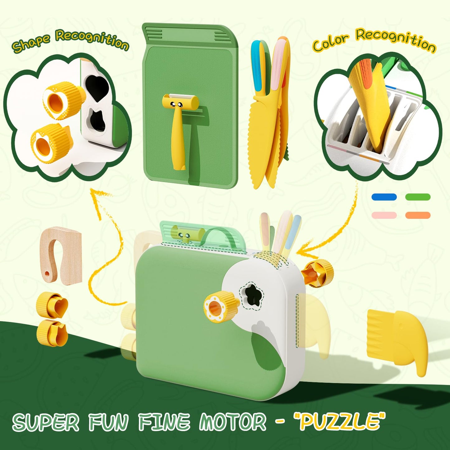 Lullulii Montessori Kitchen Tools for Toddlers,Kids Knife for Real Cooking,Toddlers Knife Set with Storage Box Kids Safe Knives Children Cutting Set for Girl Boy,Montessori Toys for Kitchen Set -Green