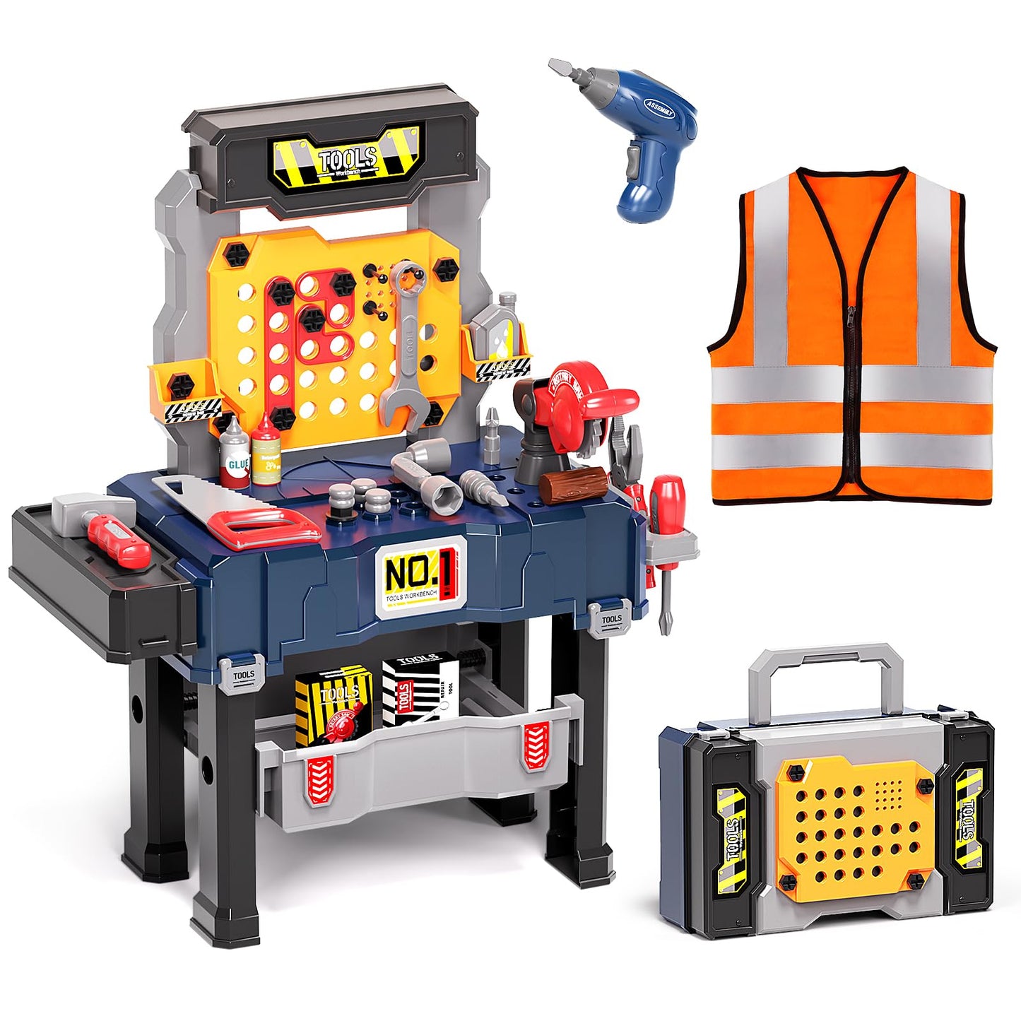 Deejoy Kids Tool Bench with Electric Drill and Engineer Vest, 3-in-1 Toddler Workbench and Costume Set, Construction Toys for Boys 3-5, Engineering Role Play Kit for Toddlers Age 3 4 5 6