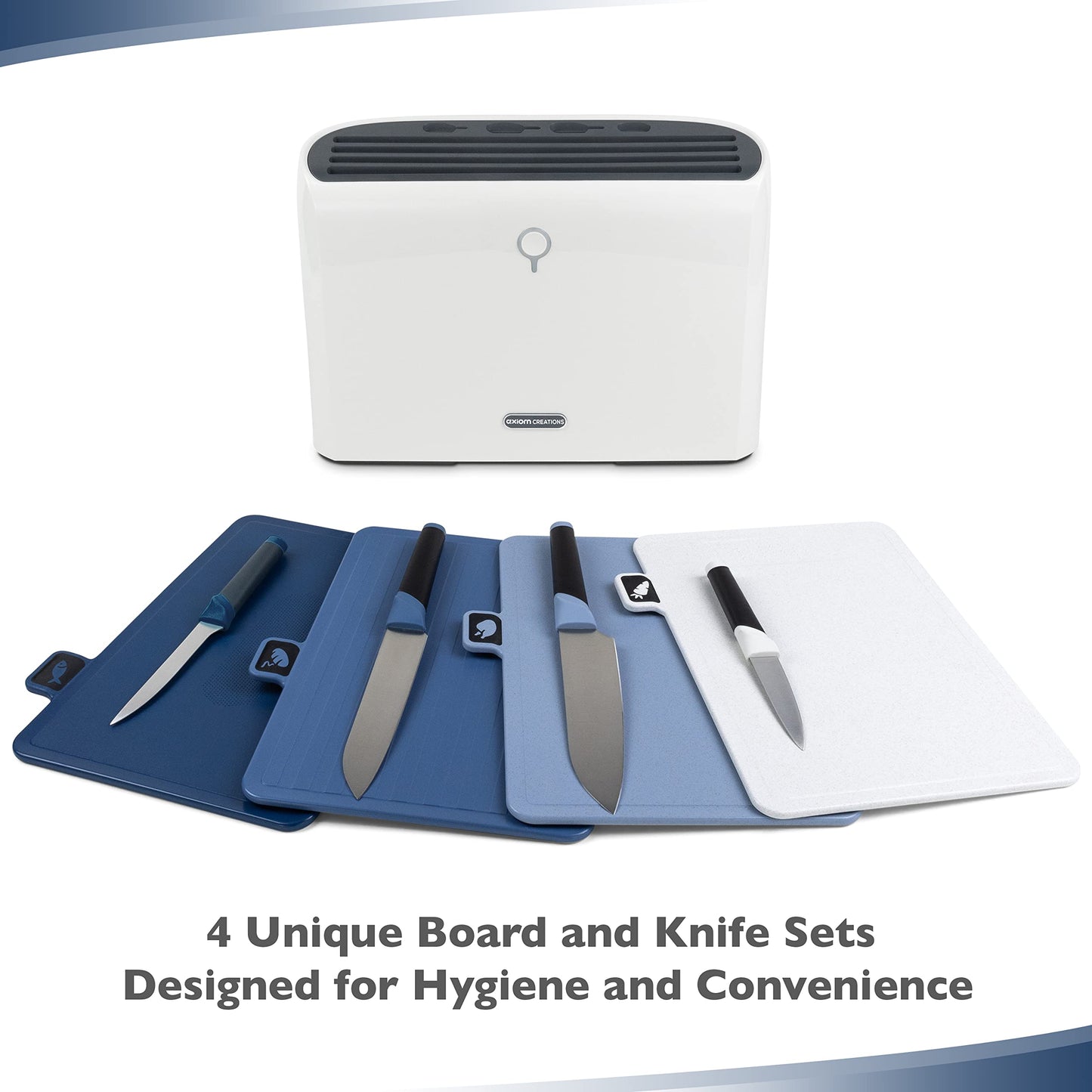 Axiom Creations Smart Cutting Board and Knife Set - Self Cleaning Cutting Board Set with 4 Color Coded Cutting Boards, 4 Stainless Steel Knives - Drying Holder Organizer for Kitchen