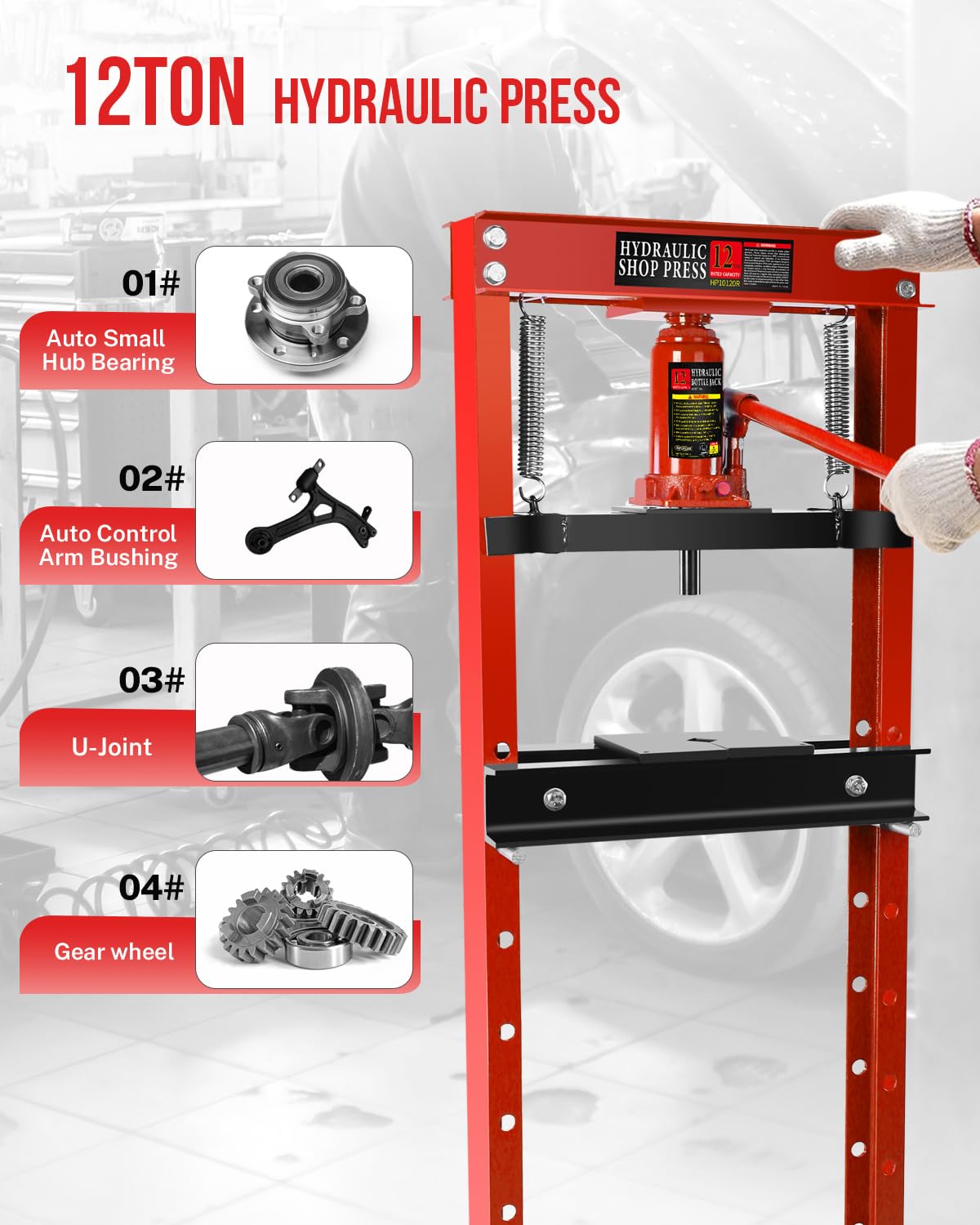 Hydraulic Press, 12 Ton H-Frame Garage Floor Adjustable Shop Press with Stamping Plates to Bend, Straighten, Or Press Parts, Install Bearings & U-Joints