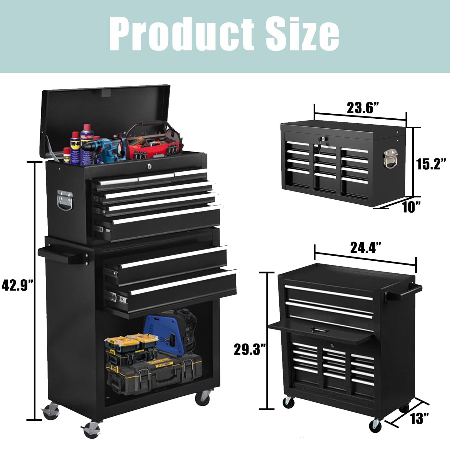 Clickoods 8-Drawer Rolling Tool Chest – 2-in-1 Lockable Tool Box with Wheels, Sliding Drawers & Detachable Top – Garage & Workshop Storage Cabinet, Black