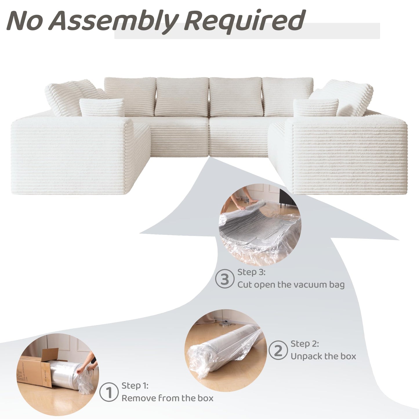 WJShome 104” Modular Sectional Cloud Couch, Boneless Sofa with Deep Seat, Comfy Fluffy Couch with L-Shaped Chaise, No Assembly Required, Right-Facing Chaise, Beige