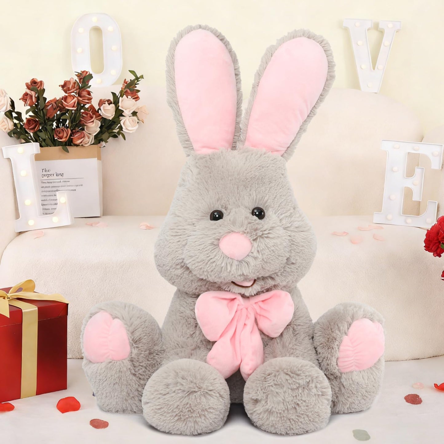 MorisMos Giant Bunny Stuffed Animal, 31.5'' Large Grey Rabbit Plush Toy with Pink Ears, Soft Toy for Girls/Boys, Ideal Gift for Easter, Halloween, Christmas, Cuddling, Snuggling