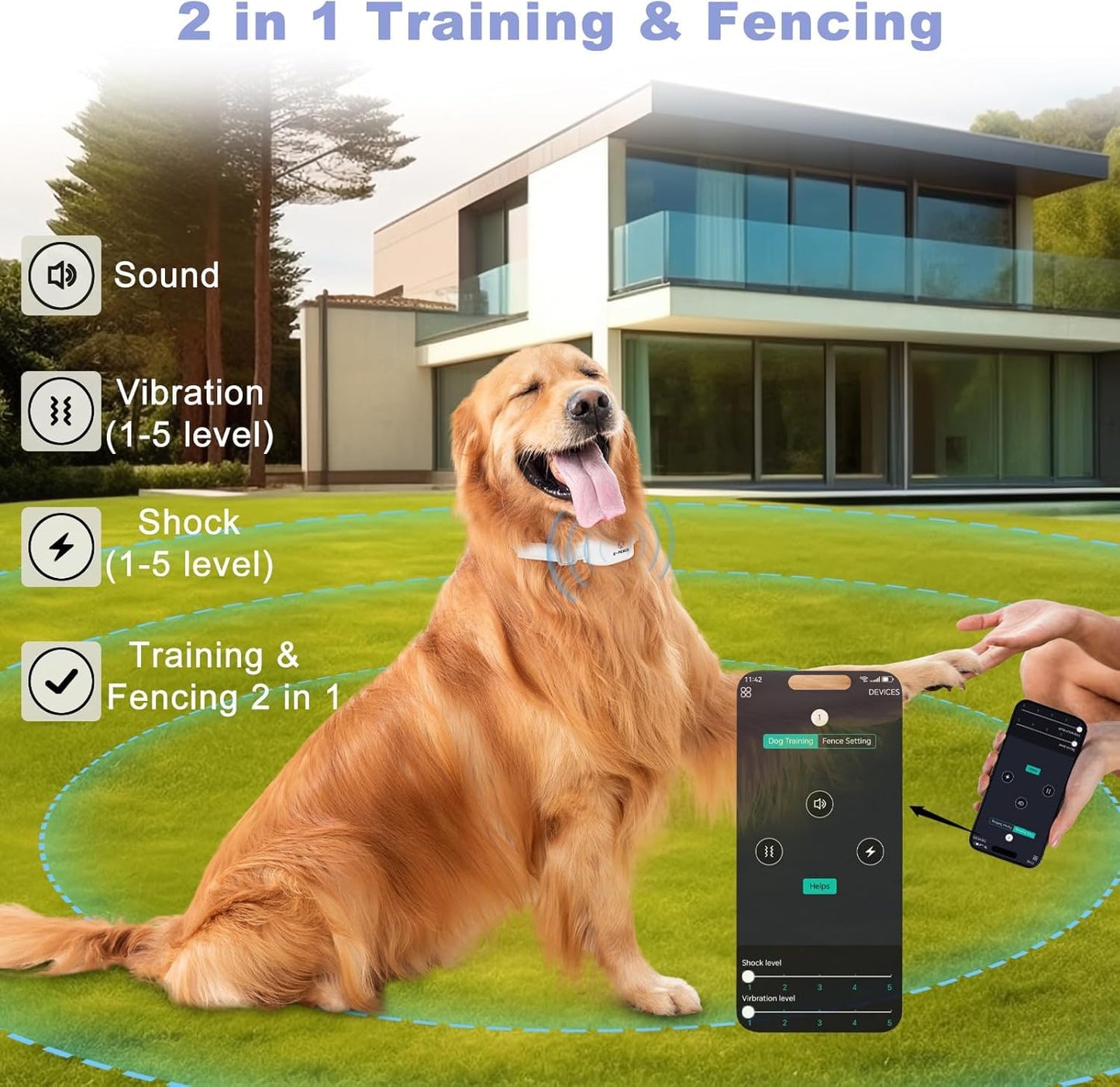 E-FENCE 2 Pack 3-in-1 GPS Dog Tracker/Training Collar/Electronic Fence Wireless Electric Collar Fence for Dogs,Adjustable Irregular Boundary,Pet Containment System,Outdoor Use Only