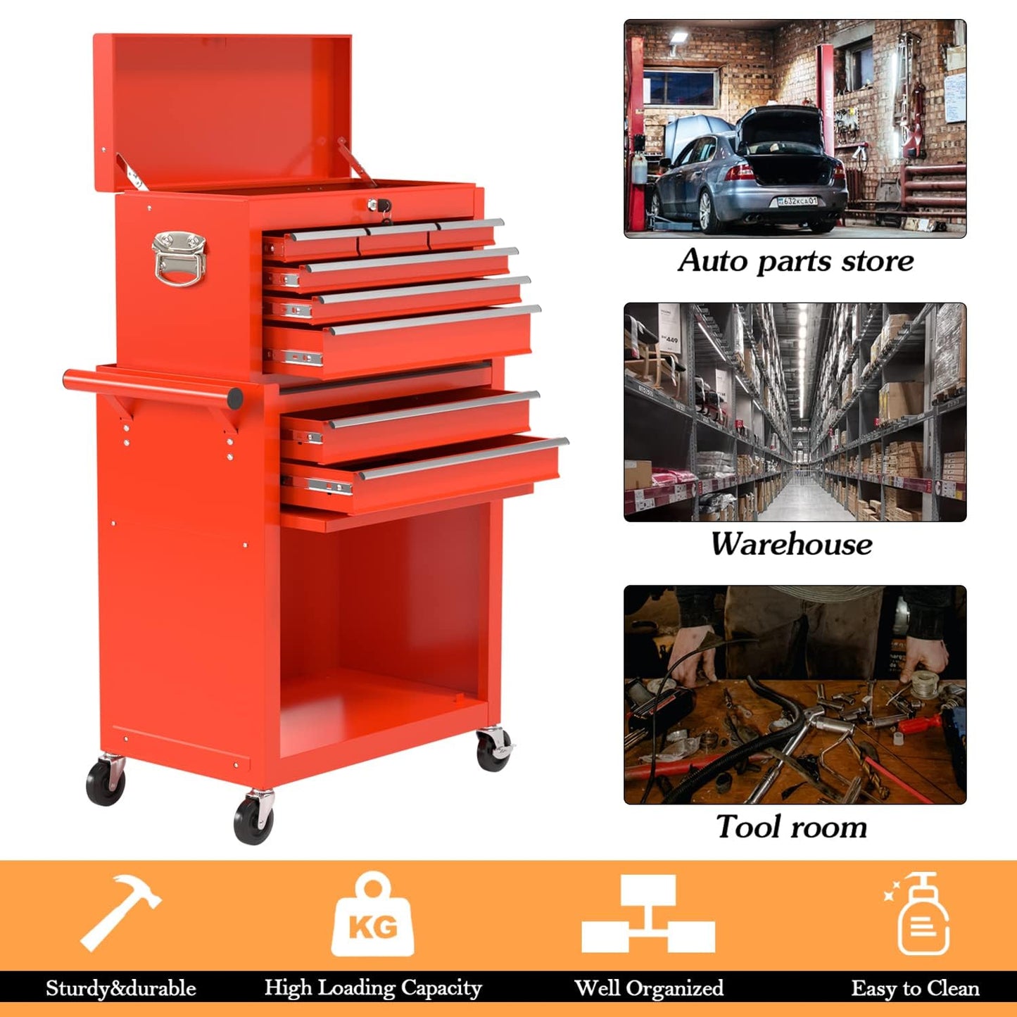 DUSACOM 8-Drawer High Capacity Rolling Tool Chest, Removable Cabinet Storage Tool Box with Wheels and Drawers, Detachable Toolbox with Lock for Workshop Mechanics Garage (8-Drawer, Red)