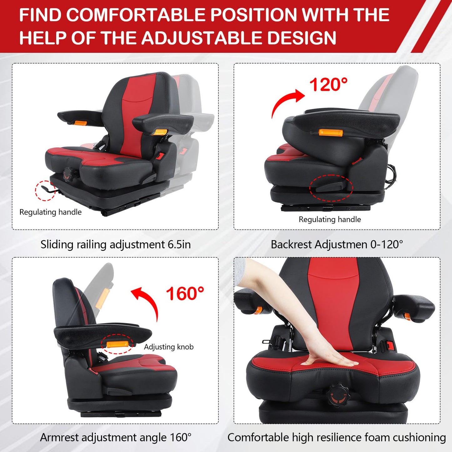 hightall Lawn Mower Seat,Spring-Dampers Heavy Duty Tractor Suspension Seat for Zero Turn Mower Tractor Excavator Harvester Forklift,Adjustable Slide Rails/Armrest,Seatbelt