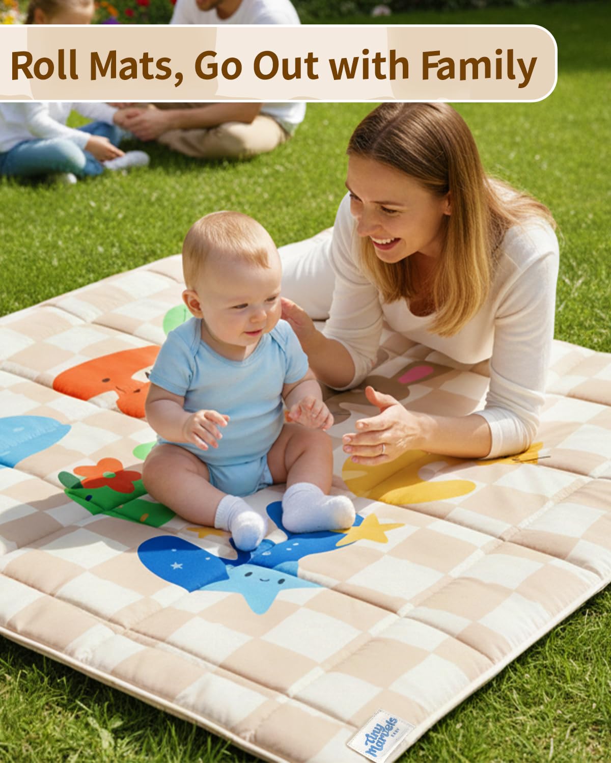 Baby Play Mat, Foldable Play Mats for Floor, 50x50 Inches Crawling Mat for Playpen with Anti-Slip Bottom, Machine Washable, Thicken Padding Foam Playmats for Babies and Toddlers (Sand Checks)