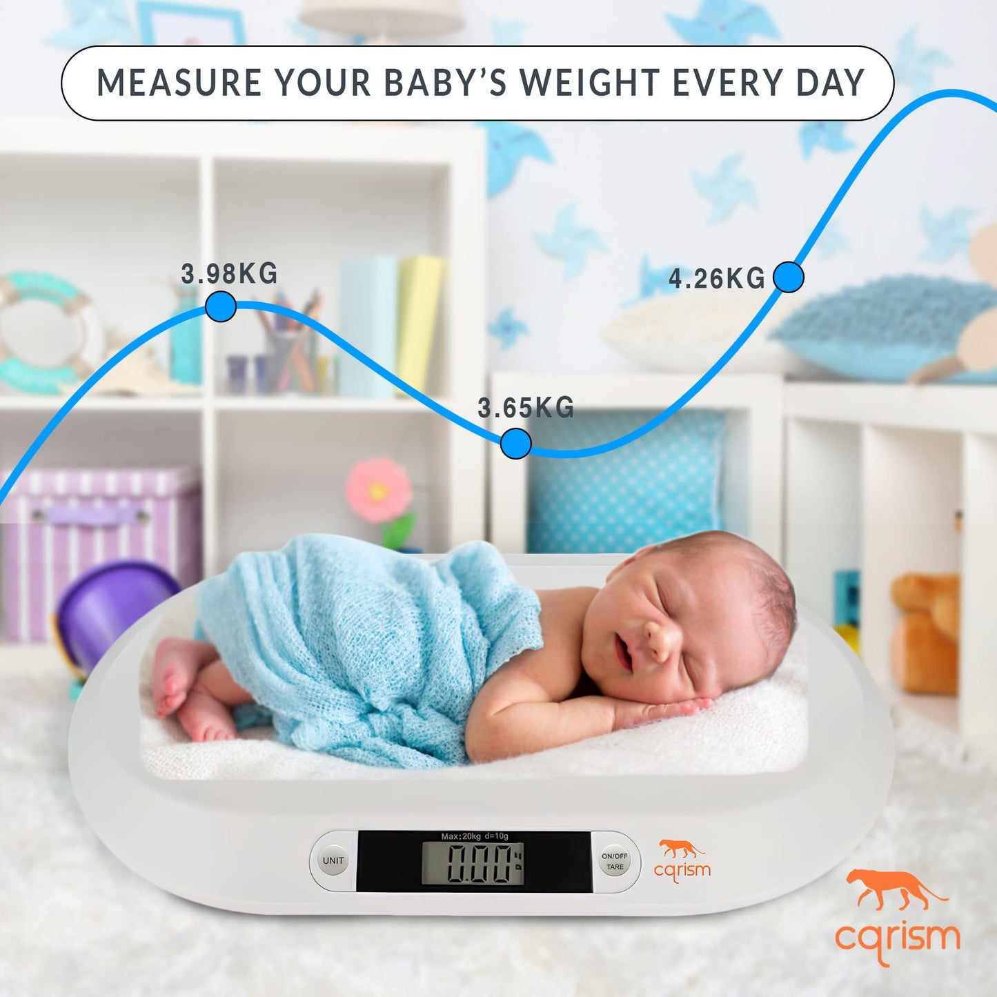 CQRISM Baby Scale, Smart Weighing with 3 Modes, Tare Function, Curved Platform with Ruler for Infants, Newborns, Puppies, Cats, Toddlers