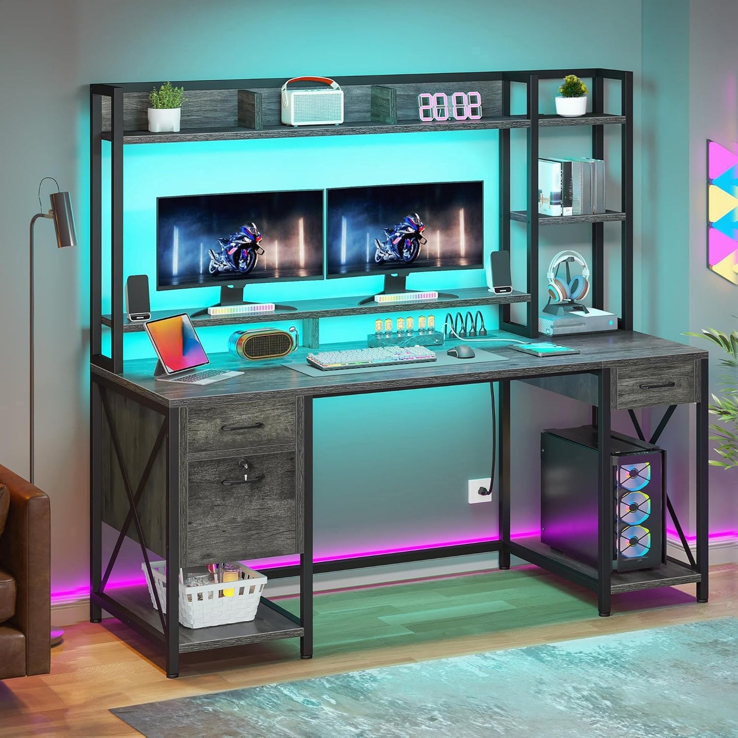 YITAHOME Computer Desk with Hutch & Drawers, 59" Office Desk with Power Outlets, Gaming Desk with LED Lights and Storage Shelves, Grey