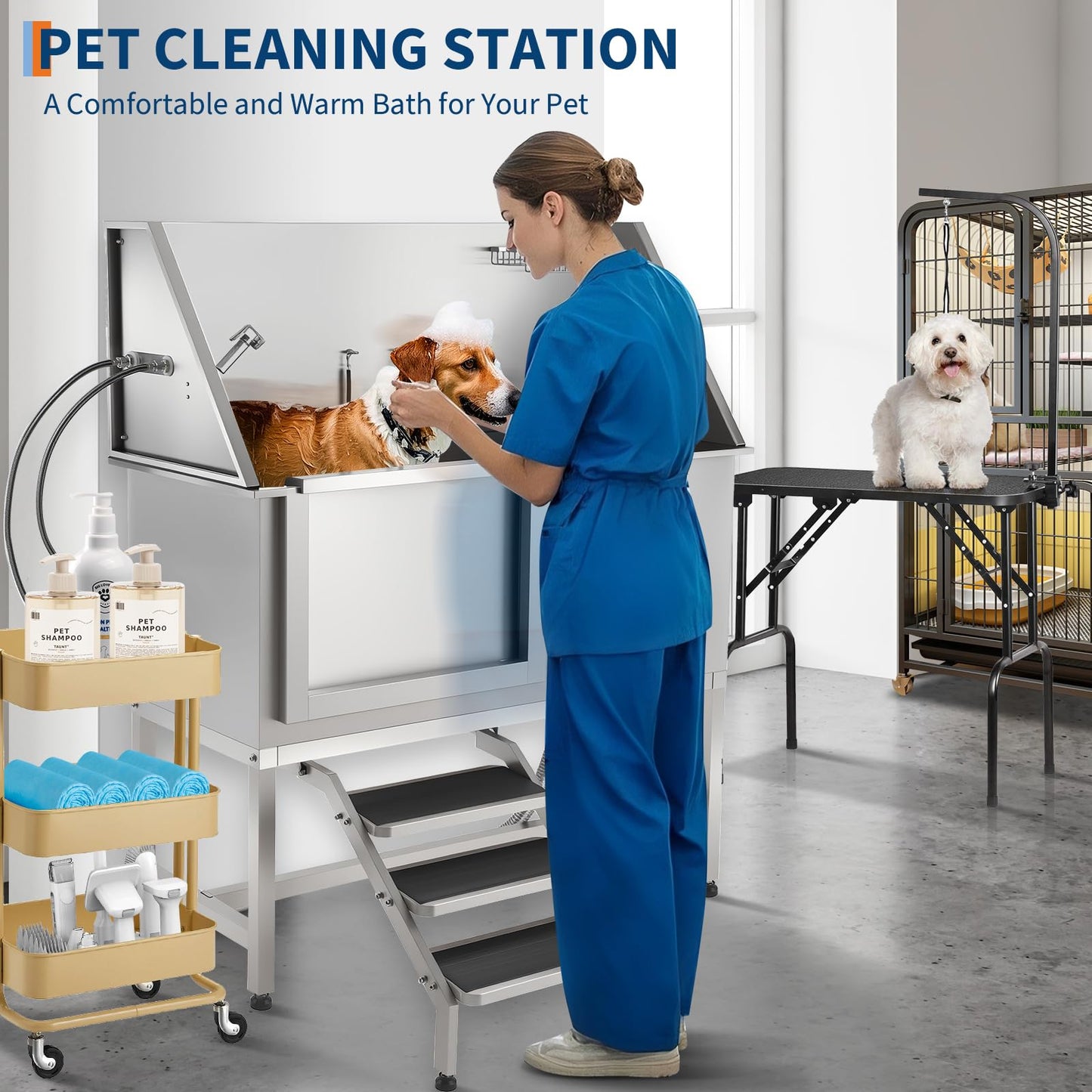 Patikuin Professional Stainless Steel Dog Grooming Bath Tub – Slide-in Ramp, Non-Slip Grate, Adjustable Height, Shower, Soap Box, Faucet – for Small, Medium & Large Breeds – Polishing Process Silver,