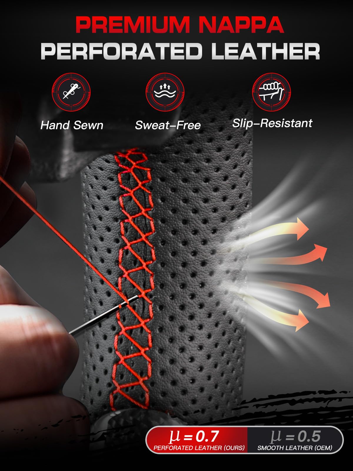 TESFEEL LED Forged Carbon Fiber Steering Wheel for Ford Mustang 2018-2023, Red Flakes, D-Shape Flat Bottom, Nappa Leather with Red Stripe & Stitching, Fits for EcoBoost, GT, GT350 & GT350R