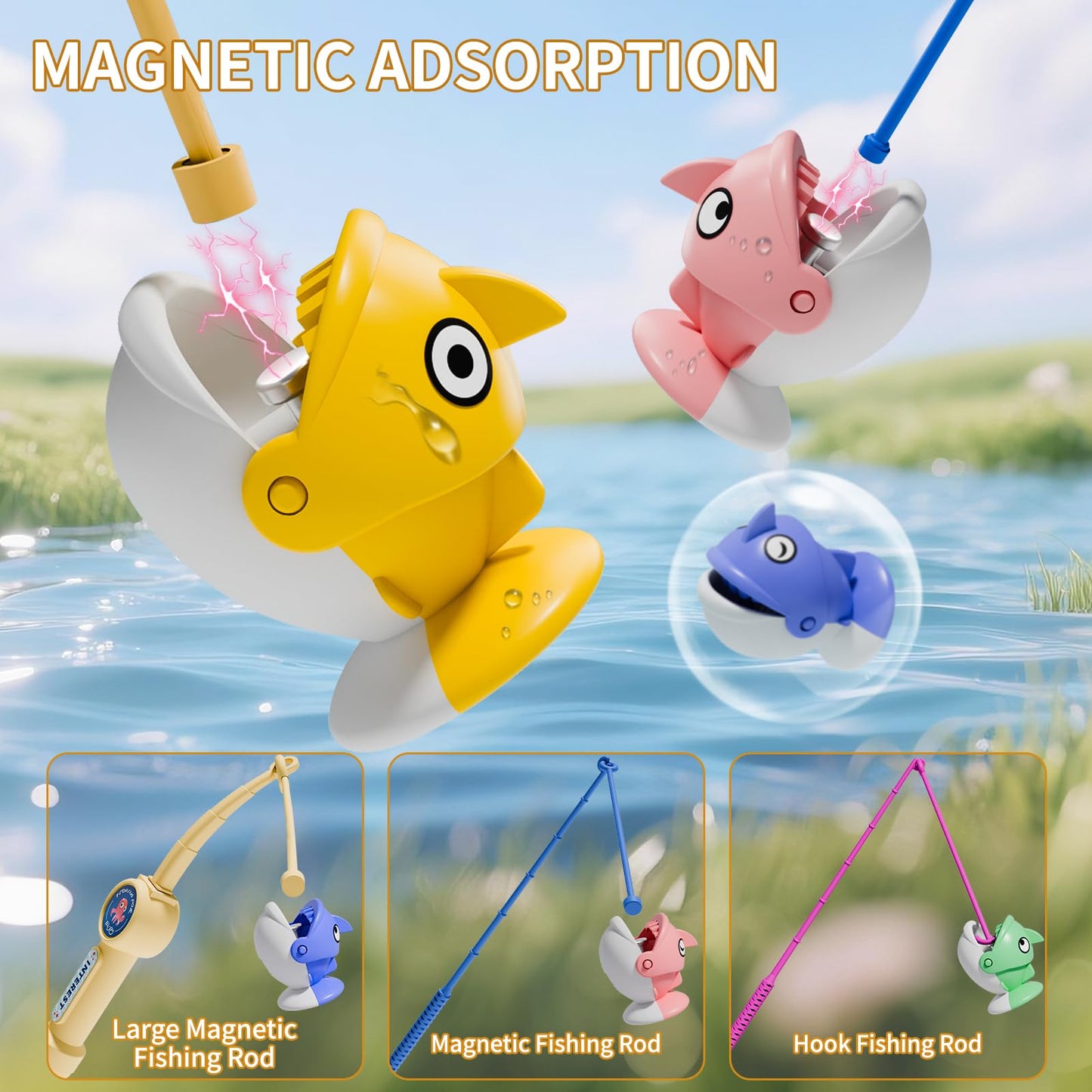 ORANGE OCEAN 70 PCS Magnetic Fishing Game Toddlers 3-5, Board Games for Kids 4-6, Fishing Toys with 360° Rotation & Sound, for Boys Girl