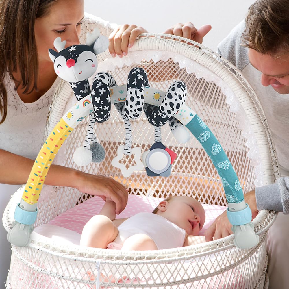Caterbee Baby Bjorn Bounce Arch Toy bar, Black and White with Stretch & Spiral Hanging Activity Set, Adjustable Clamp for Strollers, Cribs & Car Seats, Includes Rattles, Squeaker & Teether (01)