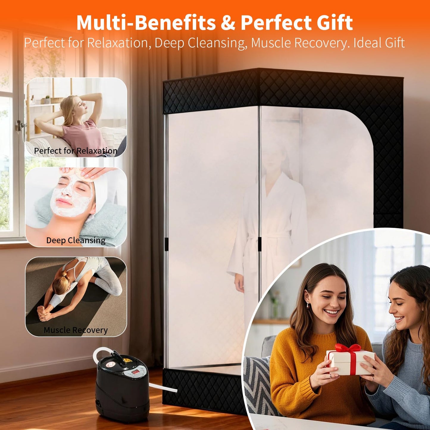 Sauna Box - Portable Sauna for Home with Upgraded 3L 1500W Steamer, Folding Chair and Non-Slip Mat for Relaxation Spa, 5-Layer Waterproof & Insulated Steam Saunas Tent, 3 * 3 * 6ft, Larger (Black)