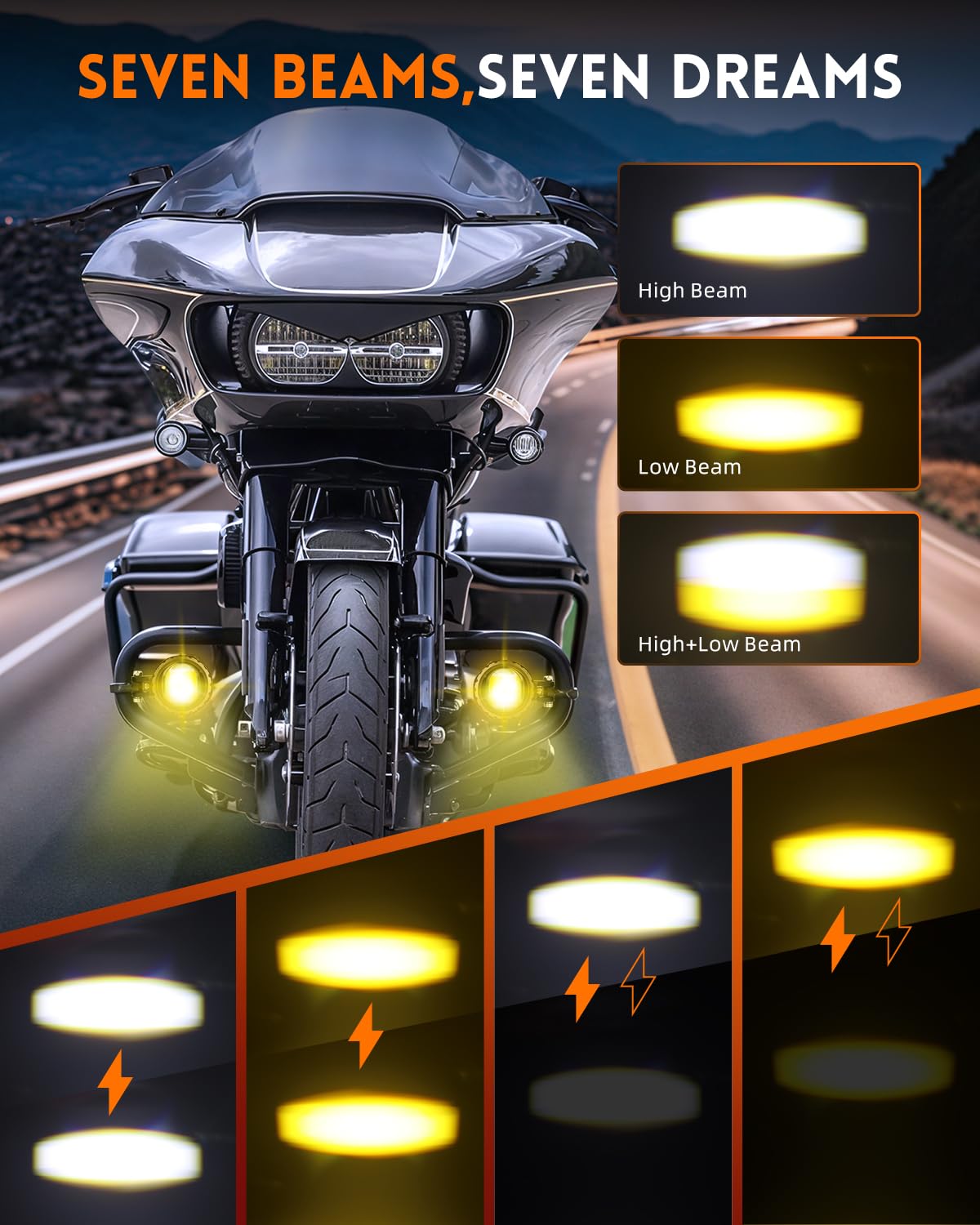 CO LIGHT Motorcycle Fog Lights LED 60W 20000LM Auxiliary Driving Lights - 7 Lighting Modes (White/Amber), IP68 Waterproof Spot Pod Light Kit Universal Fit for Motorcycles ATV UTV, 2PCS